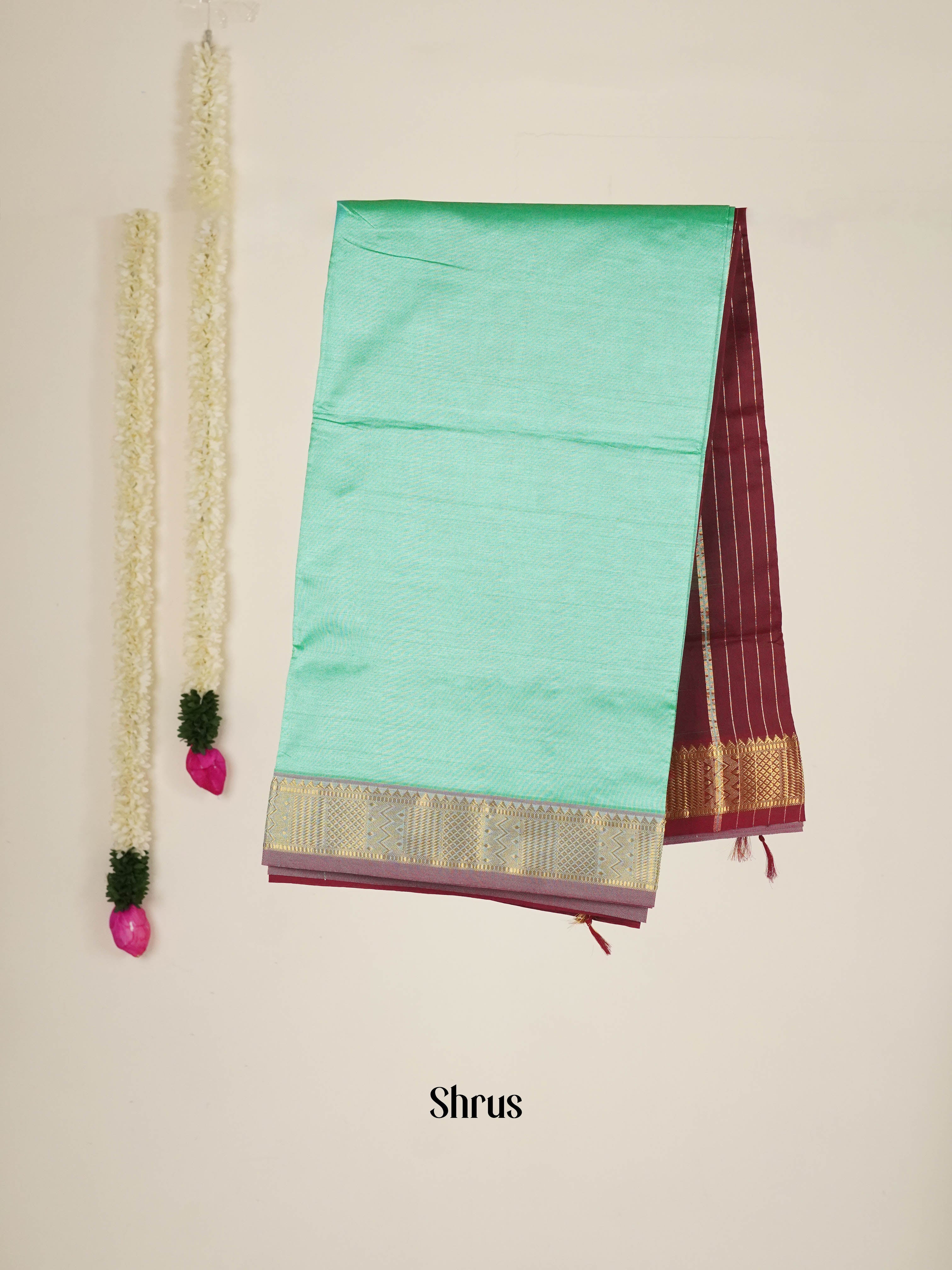 Teal & Maroon - Silk cotton-halfpure Saree