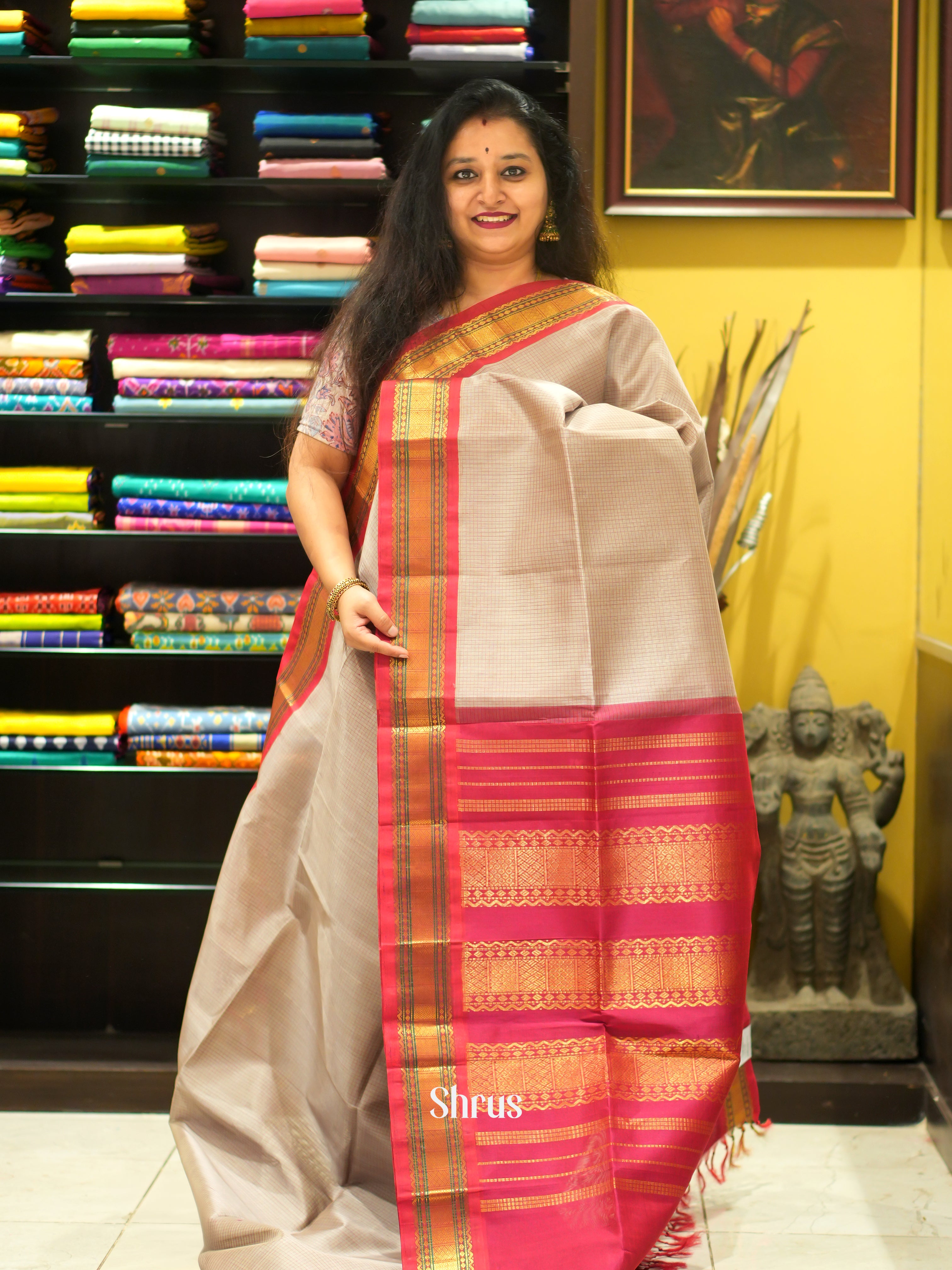 Grey  & Maroon - Silk Cotton Saree