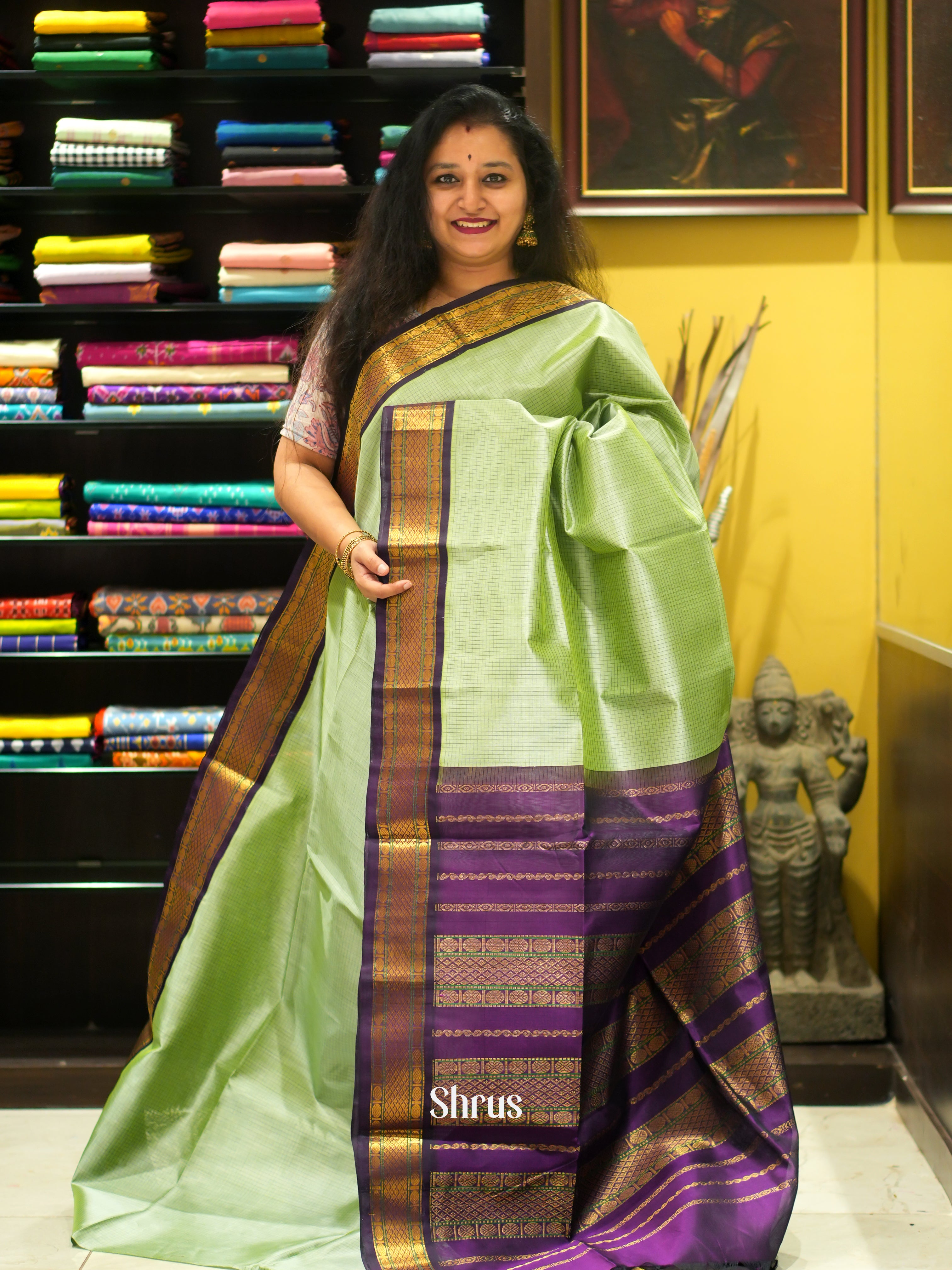 Pista Green & Purple - Silk Cotton Saree