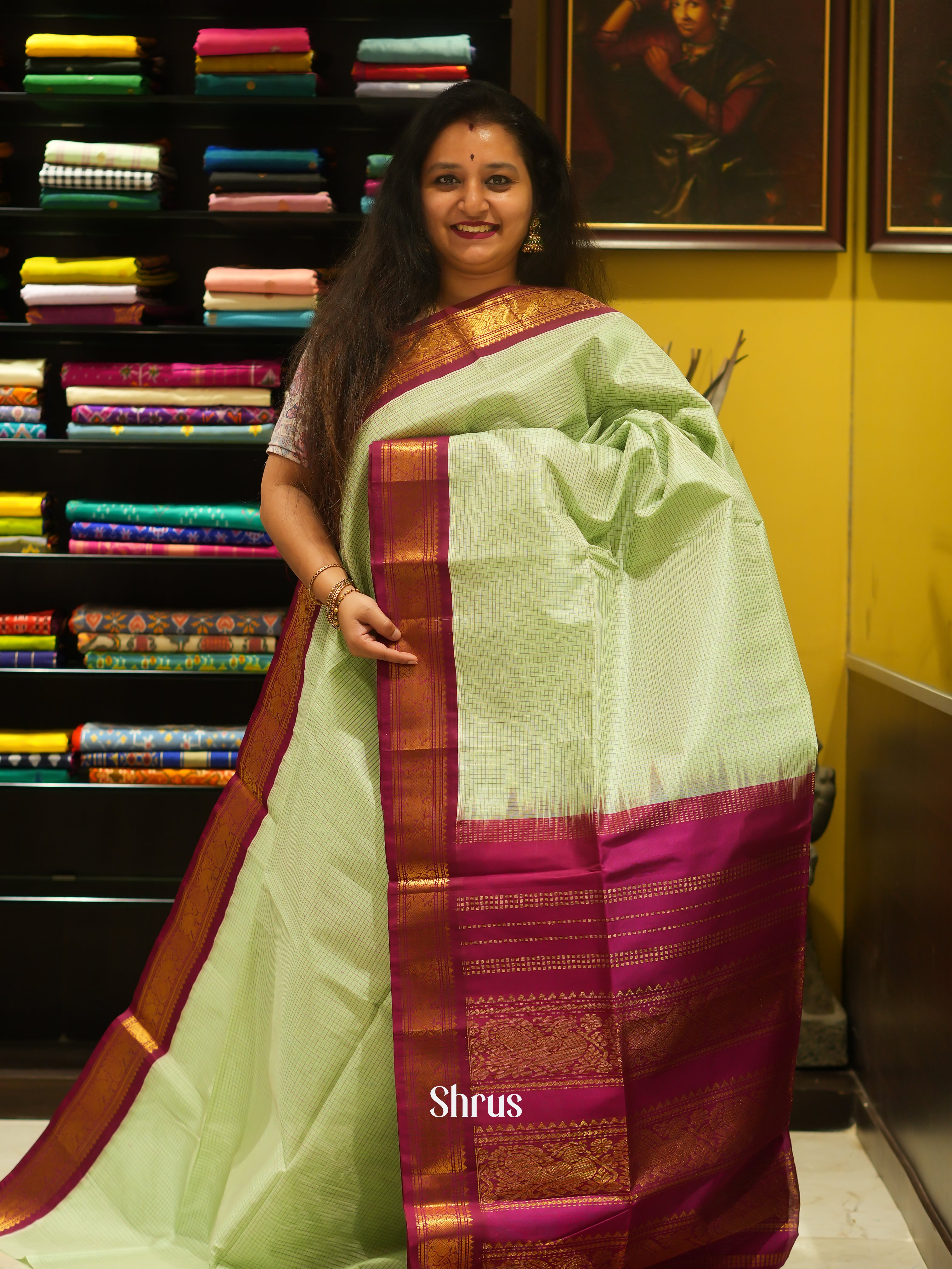 Pista Green & Wine- Silk Cotton Saree