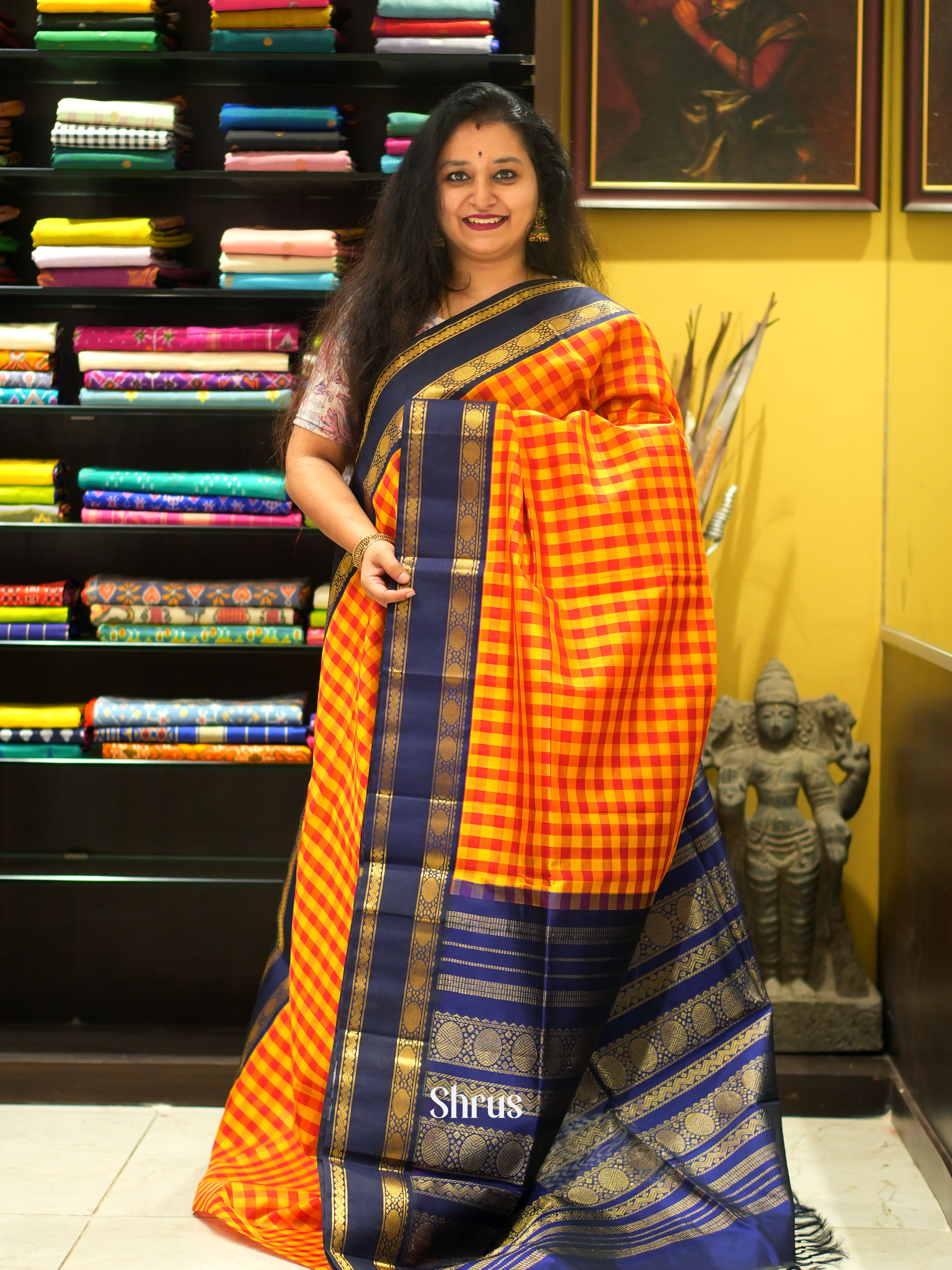 Yellow , Red & Blue - Silk Cotton Saree