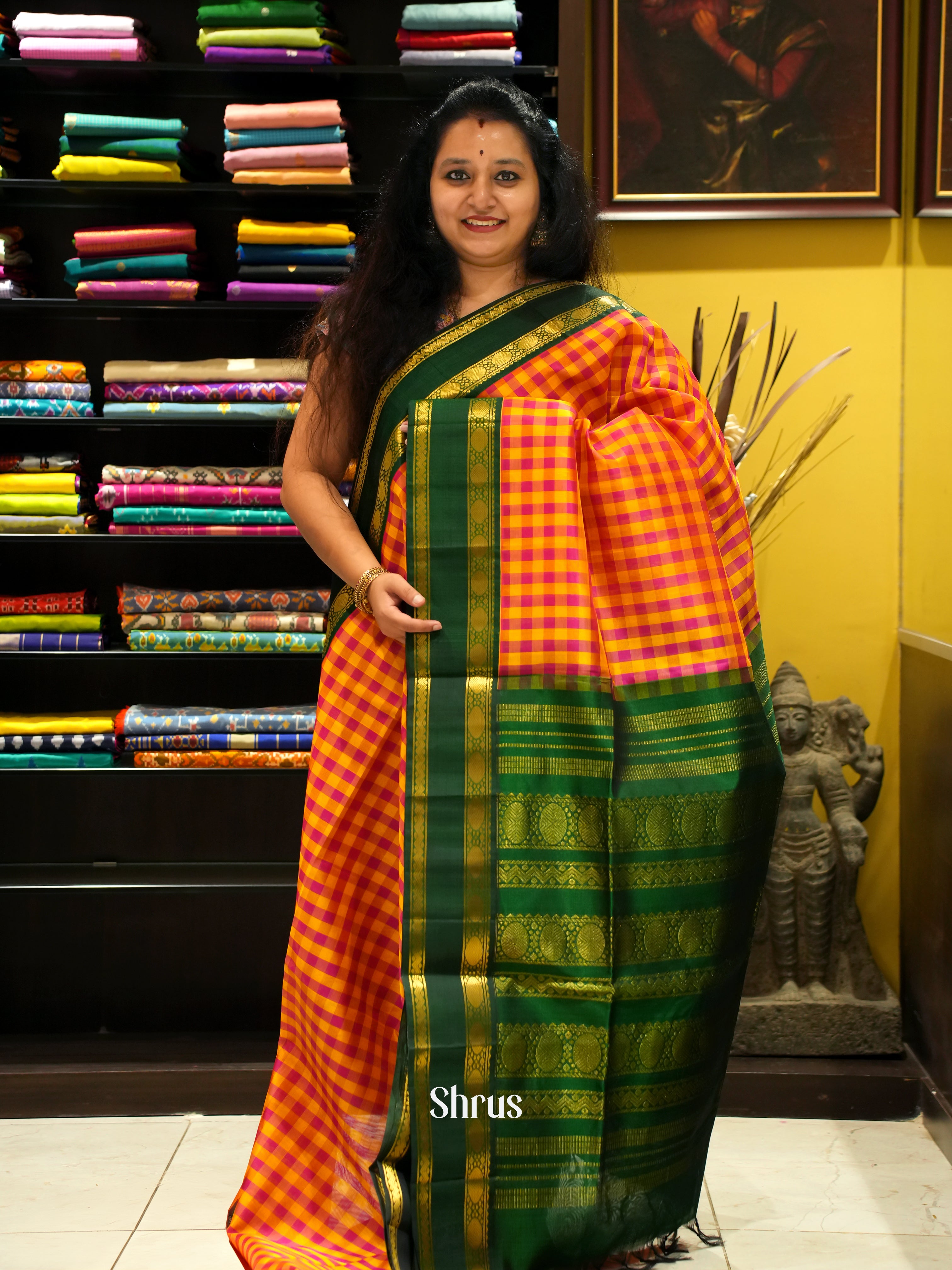 Yellow , Pink & Green- Silk Cotton Saree