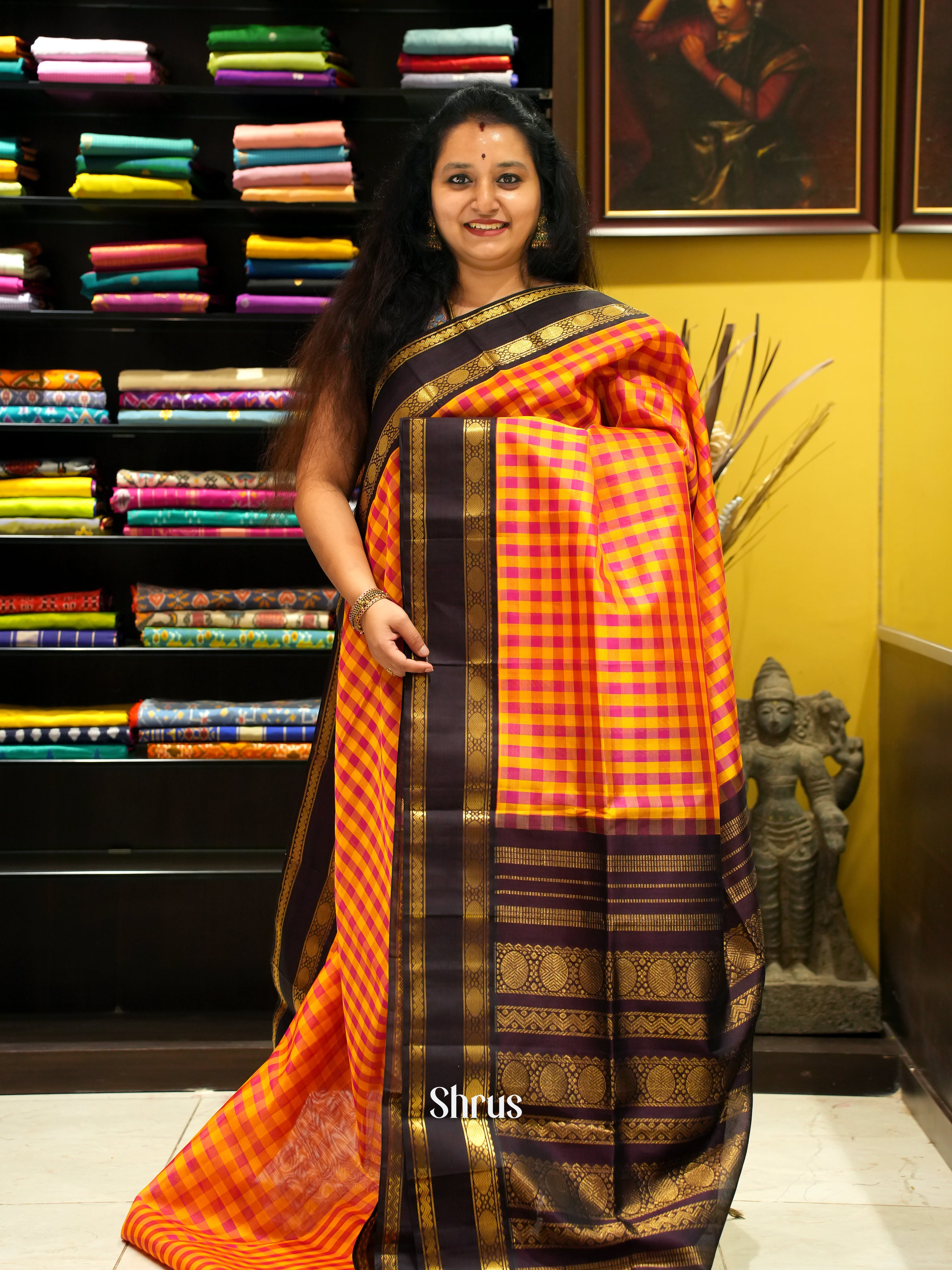 Yellow , Pink & Brown - Silk Cotton Saree