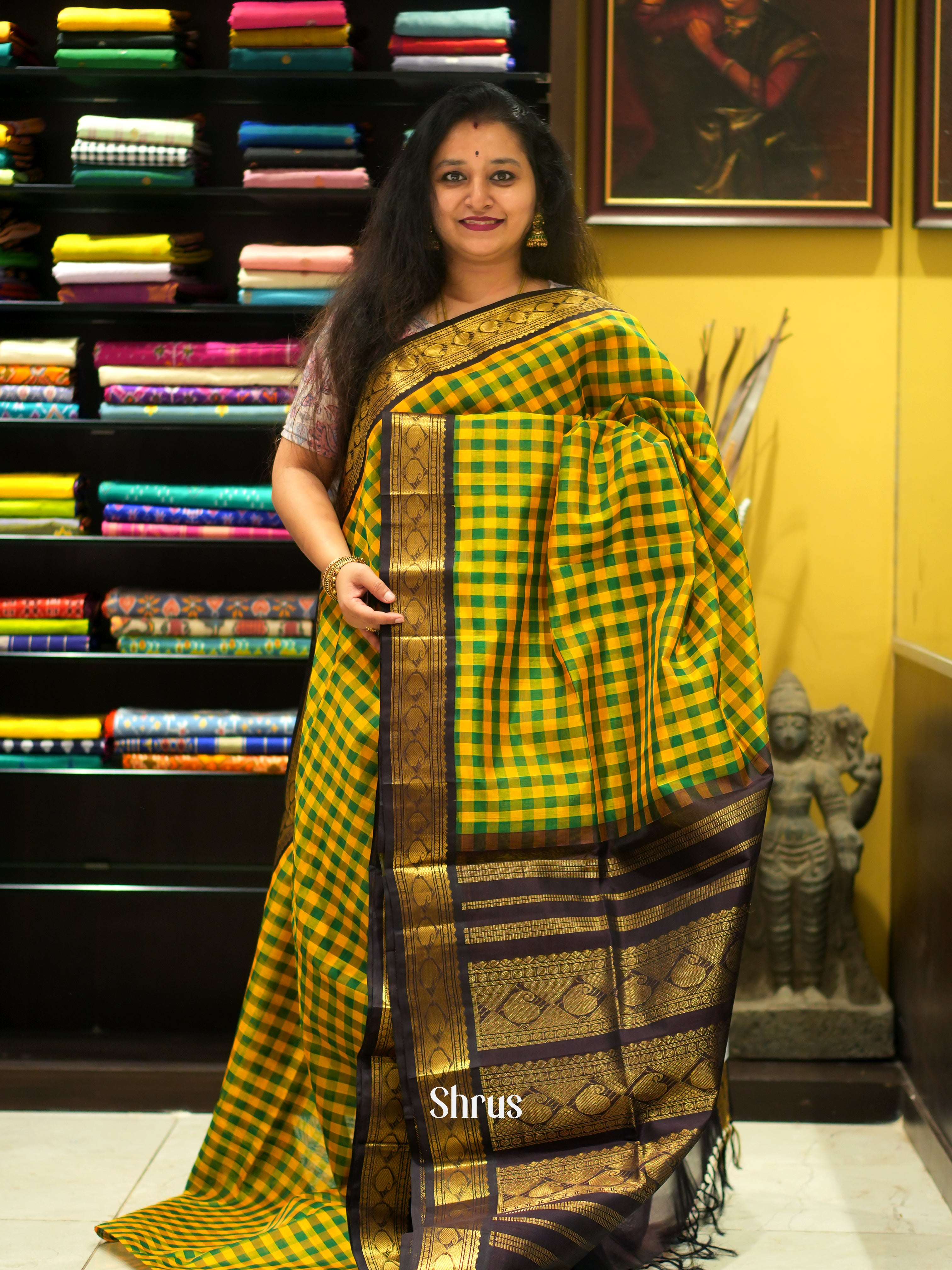 Green , Yellow & Brown - Silk Cotton Saree