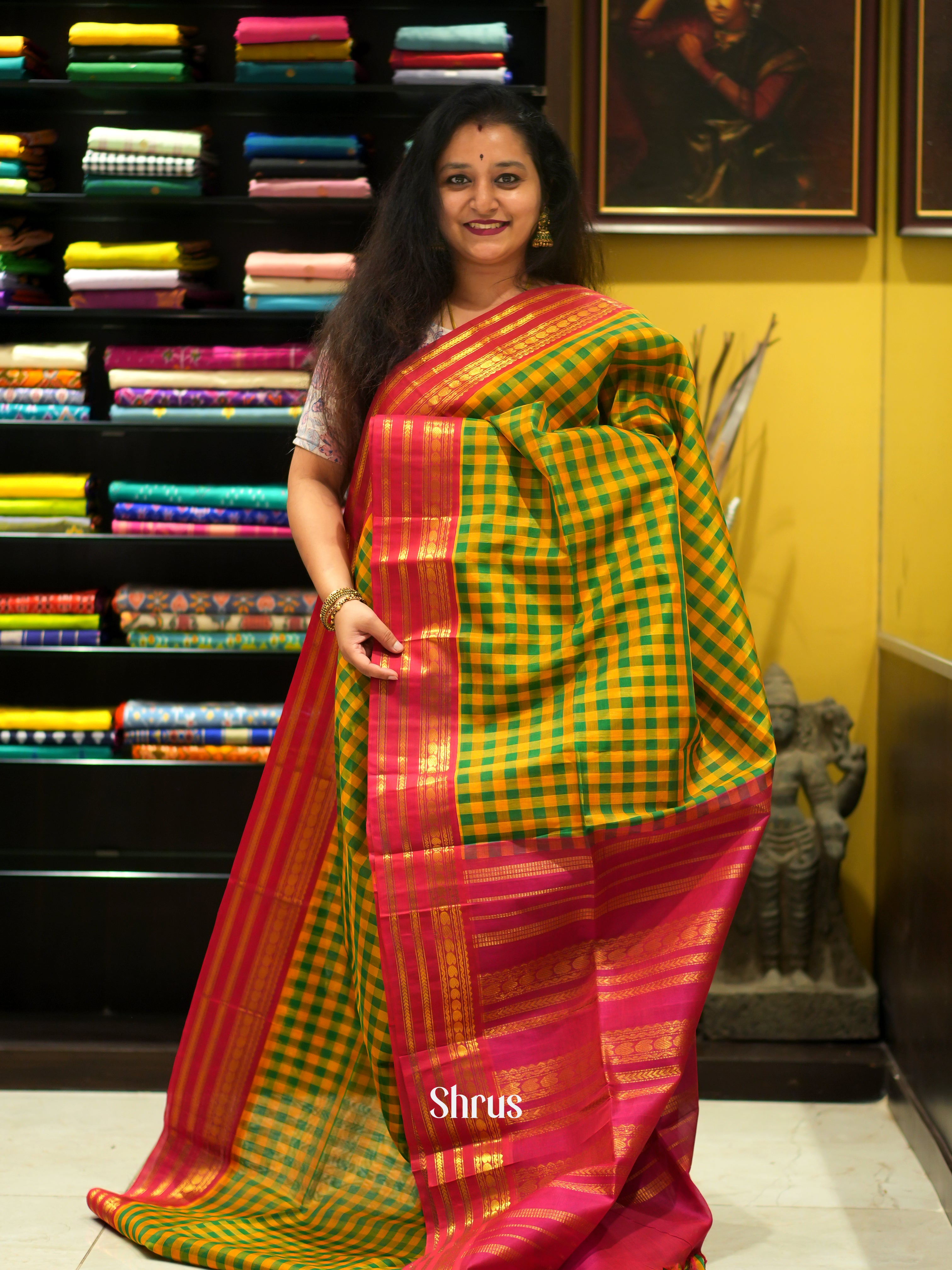 Green , Yellow & Red - Silk Cotton Saree