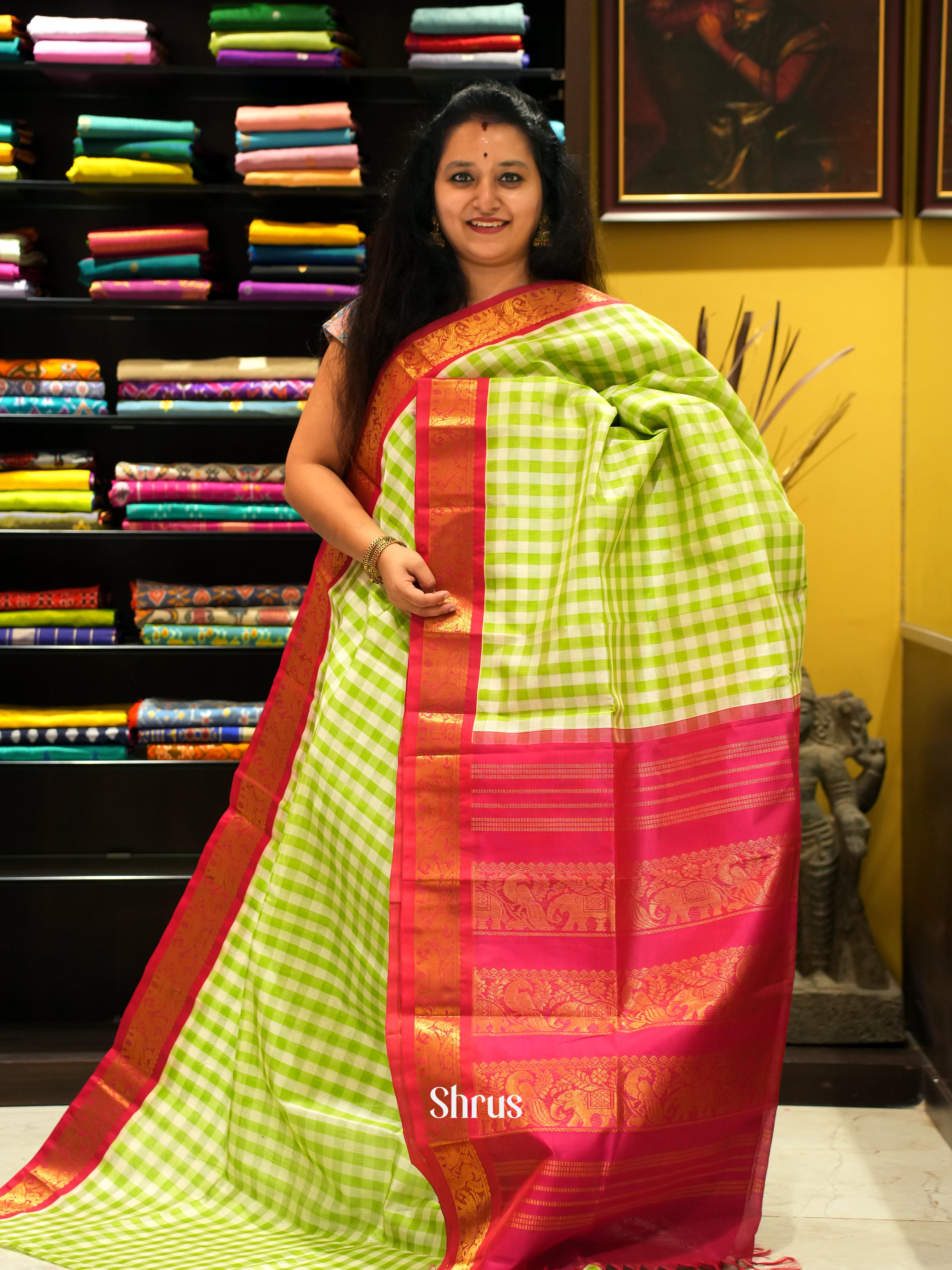 Green , Cream &, Red - Silk Cotton Saree