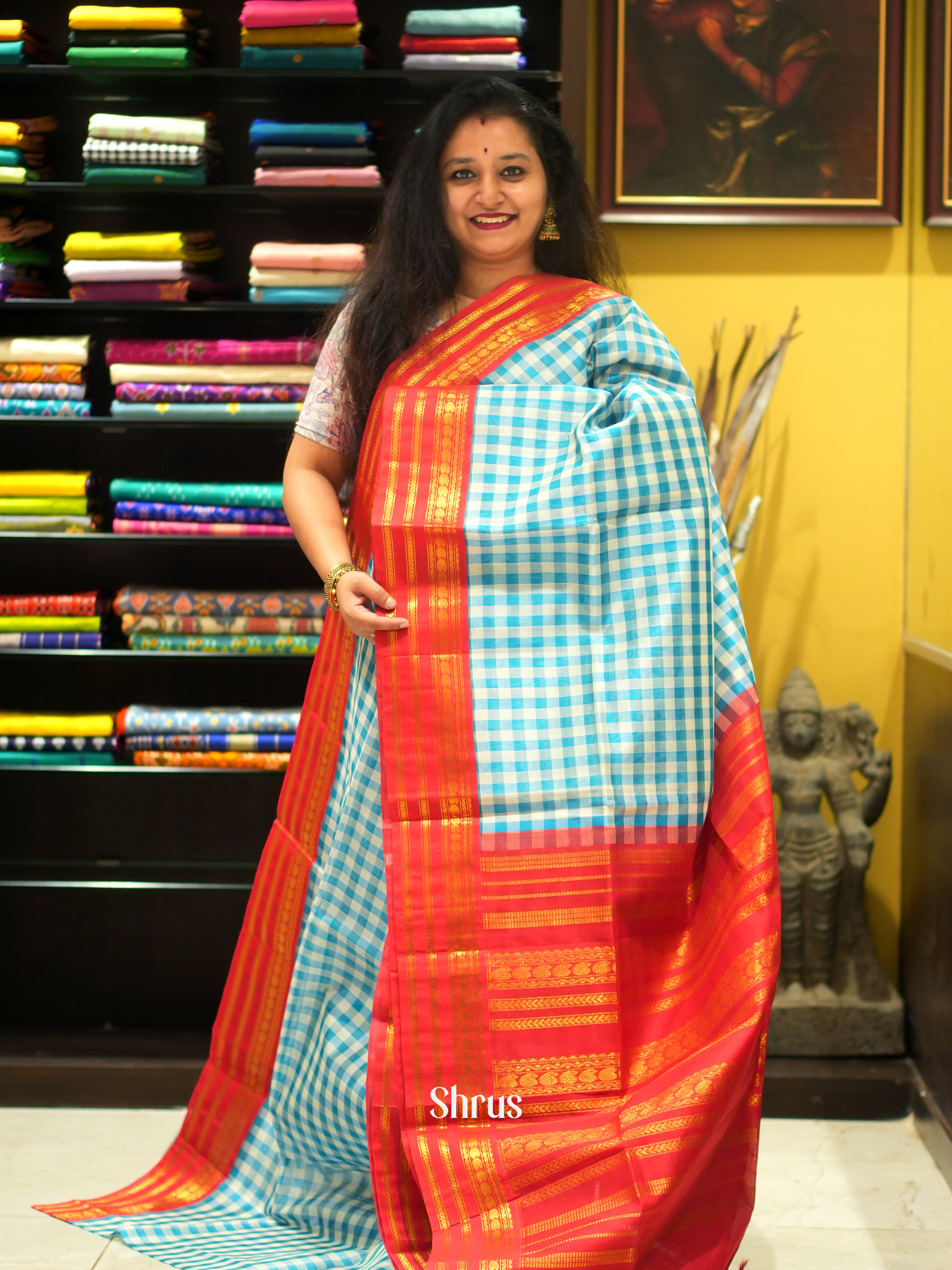 Blue & Red - Silk Cotton Saree