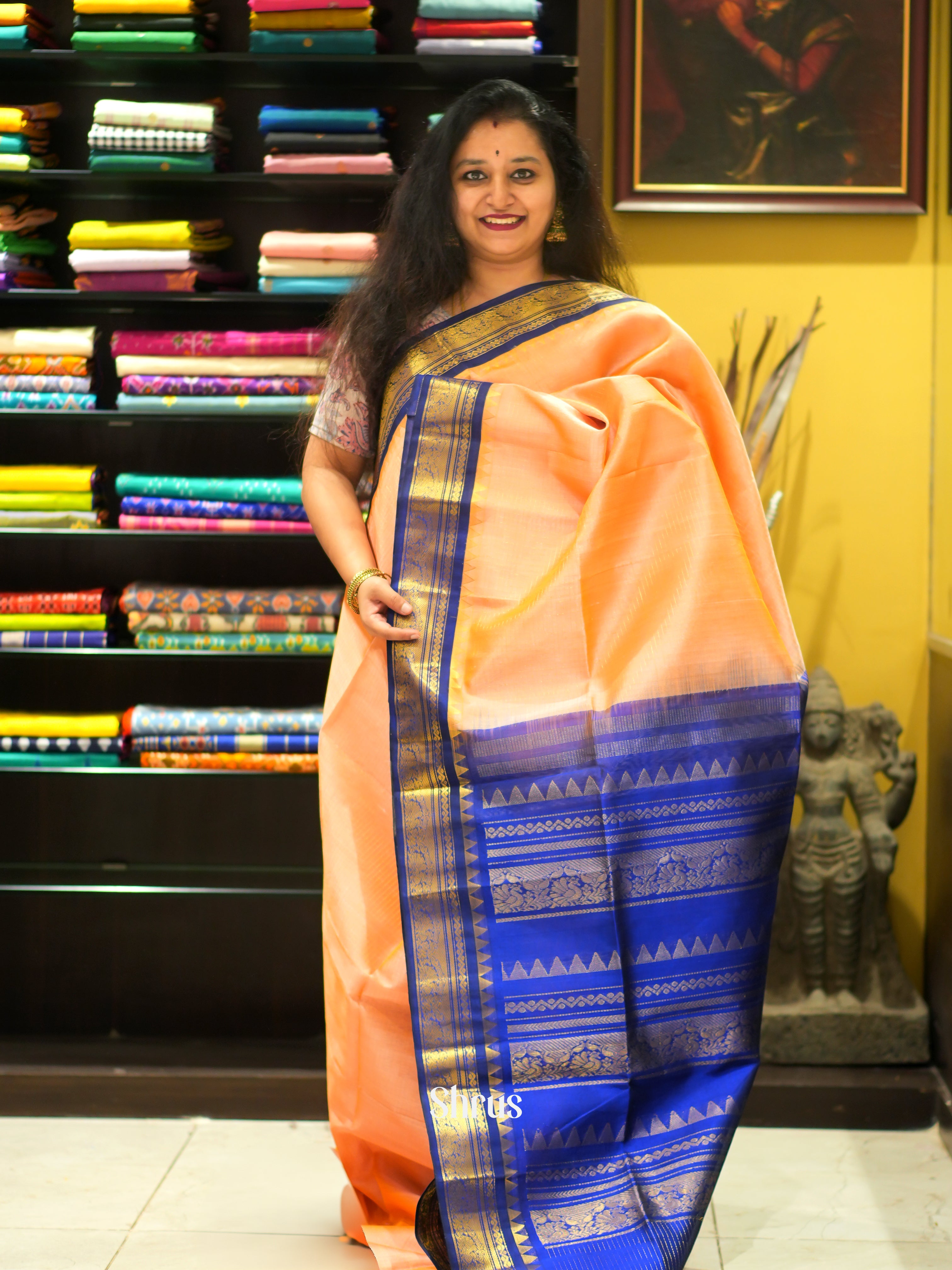 Peach & Blue - Silk Cotton Saree