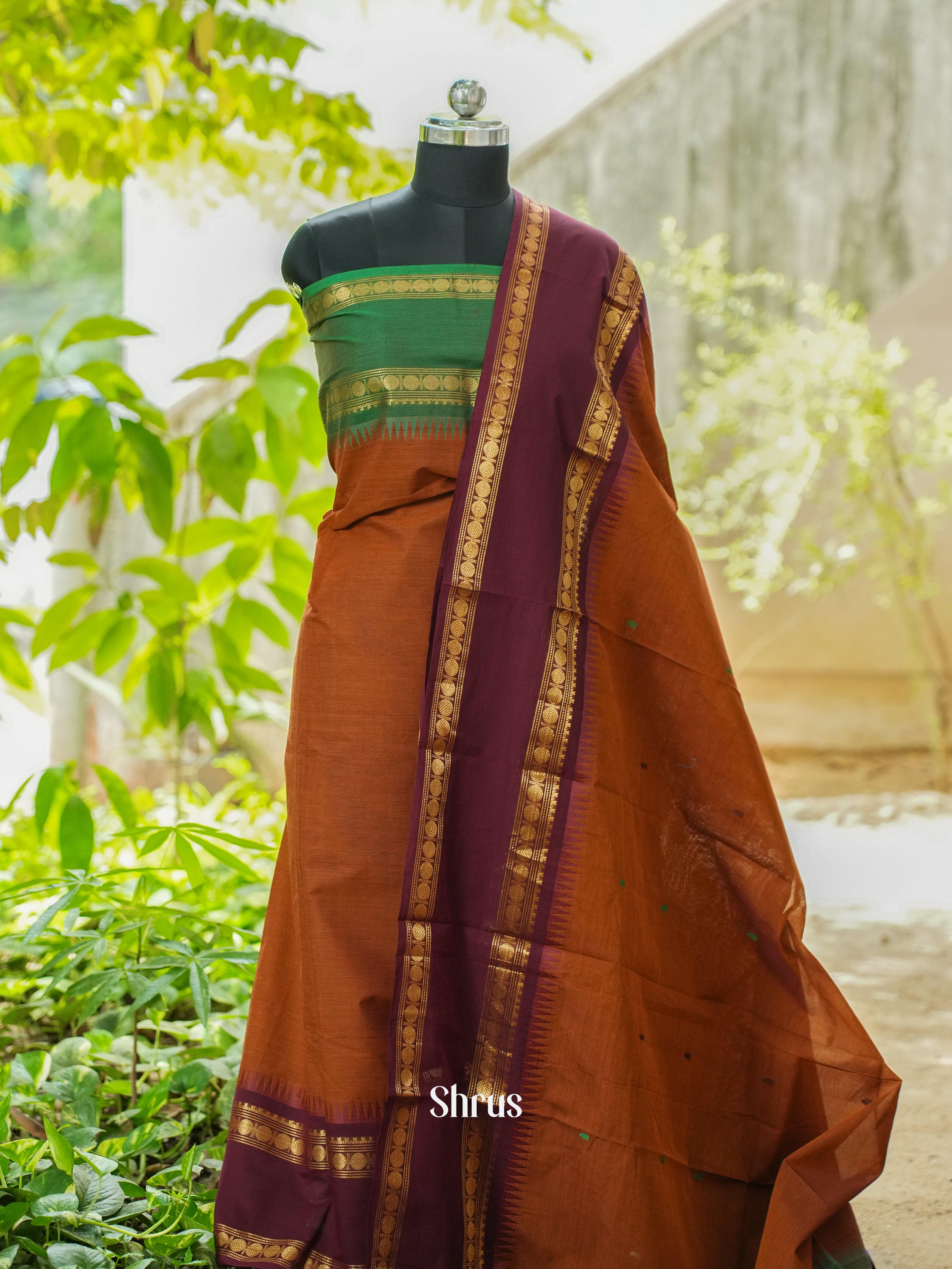 Brown & Green - Chettinad Cotton Top & Dupatta