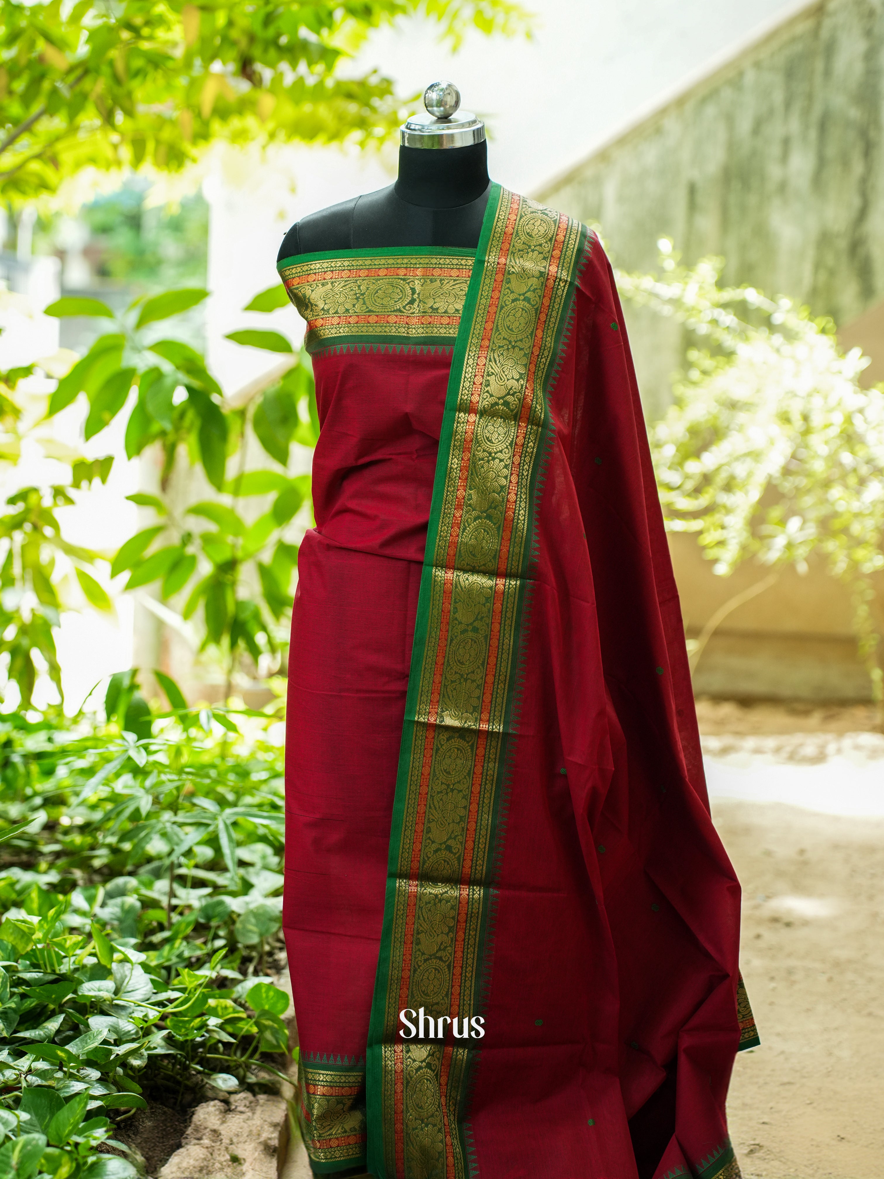 Maroon & Green - Chettinad Top &  Dupatta