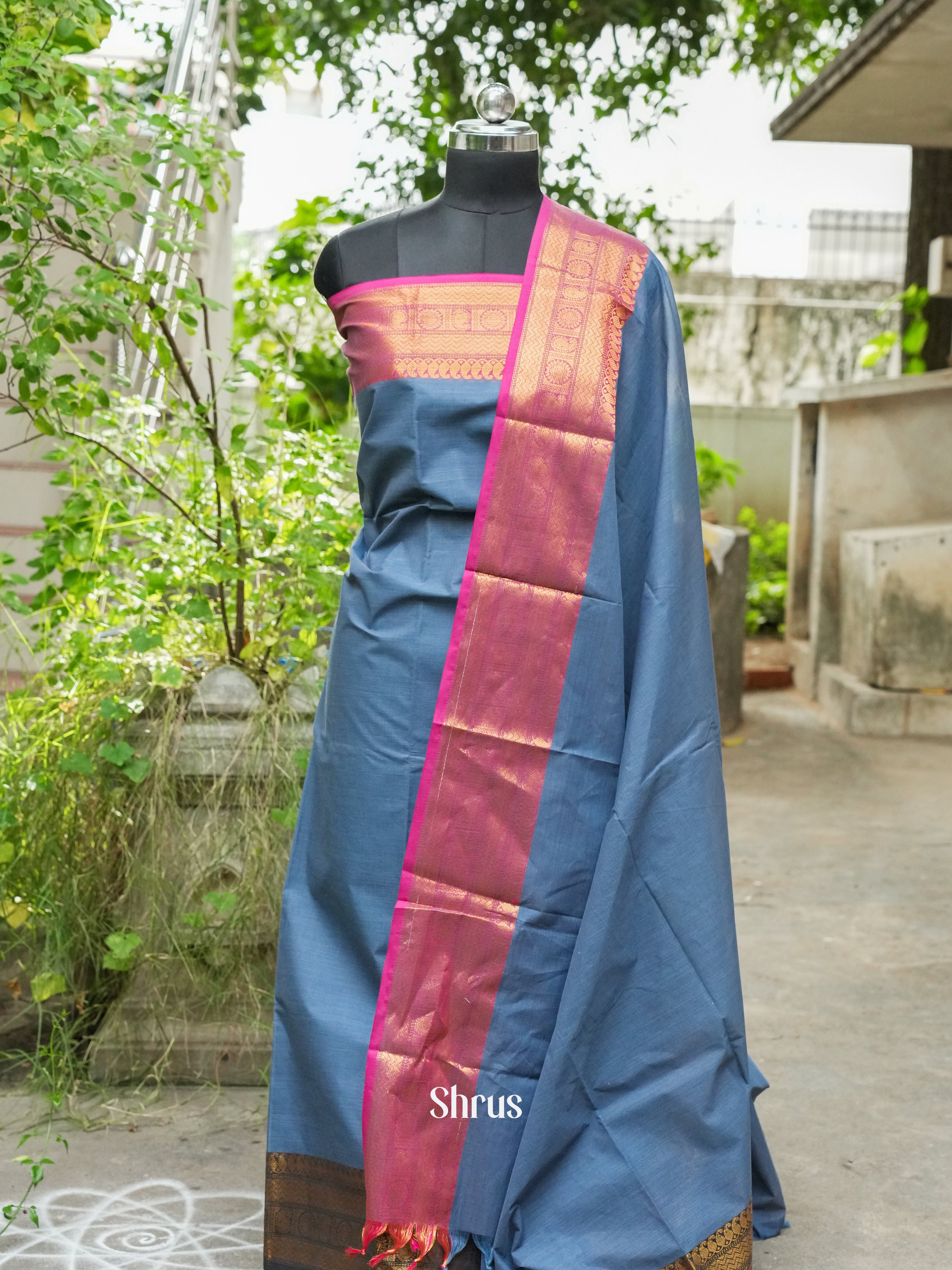 Blue  & Pink - Chettinad Top & Dupatta