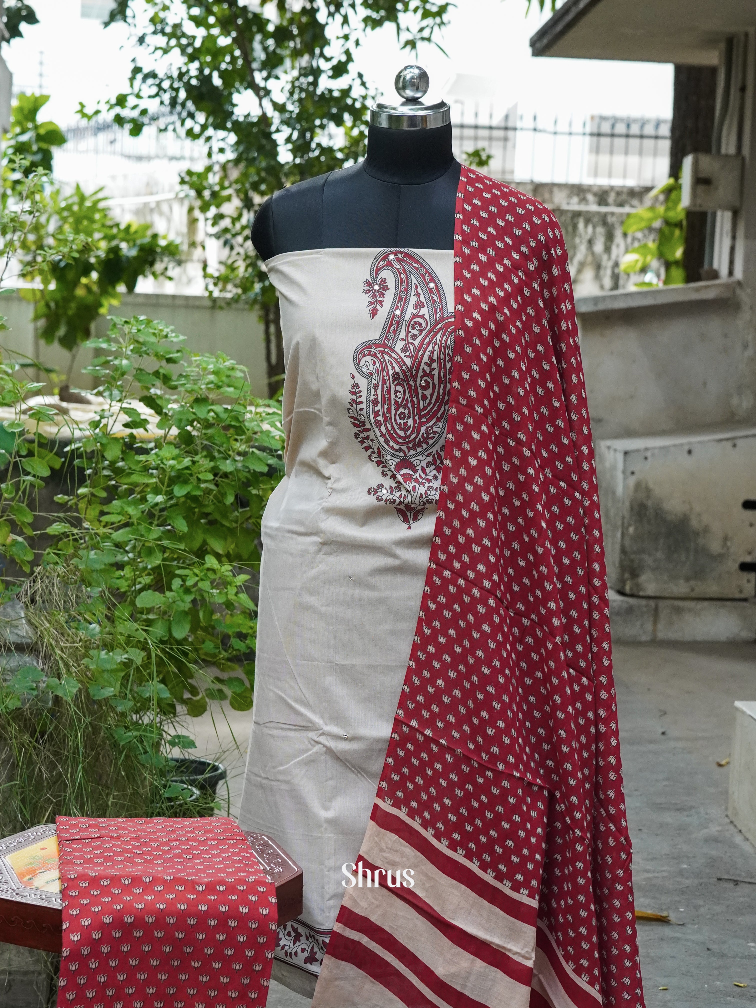 Cream & Maroon- Cotton salwar