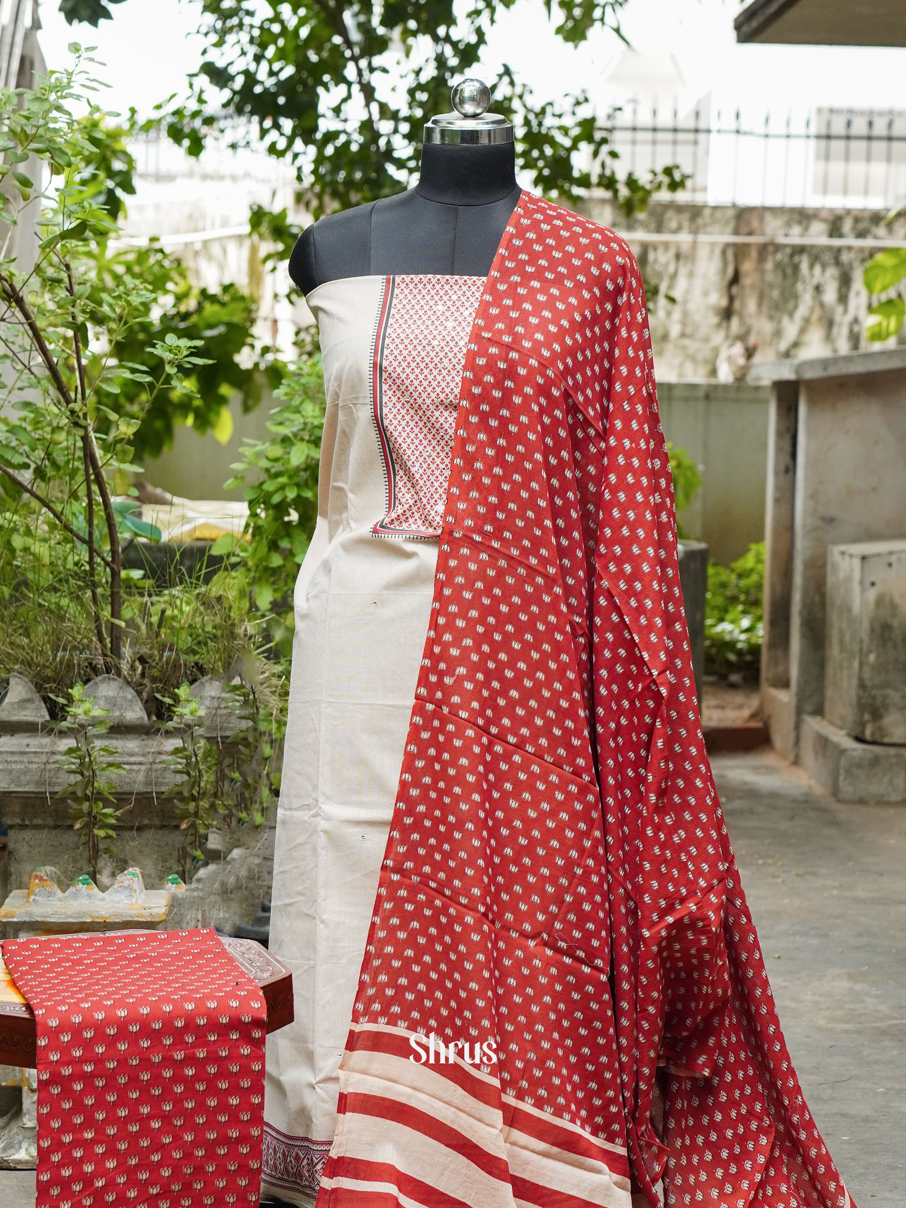 Cream & Red - Cotton salwar