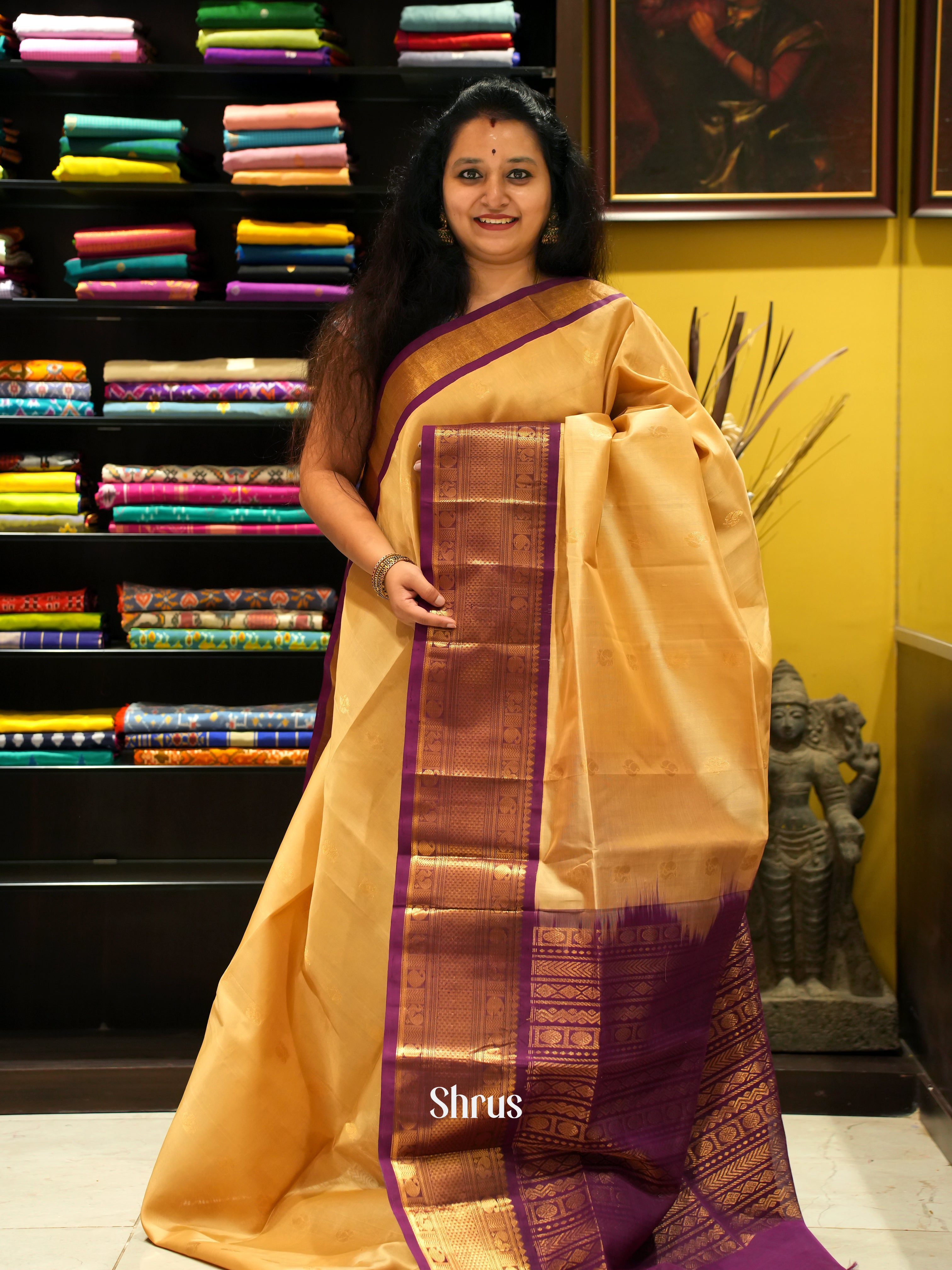 Sandal & Maroon - Silk Cotton Saree