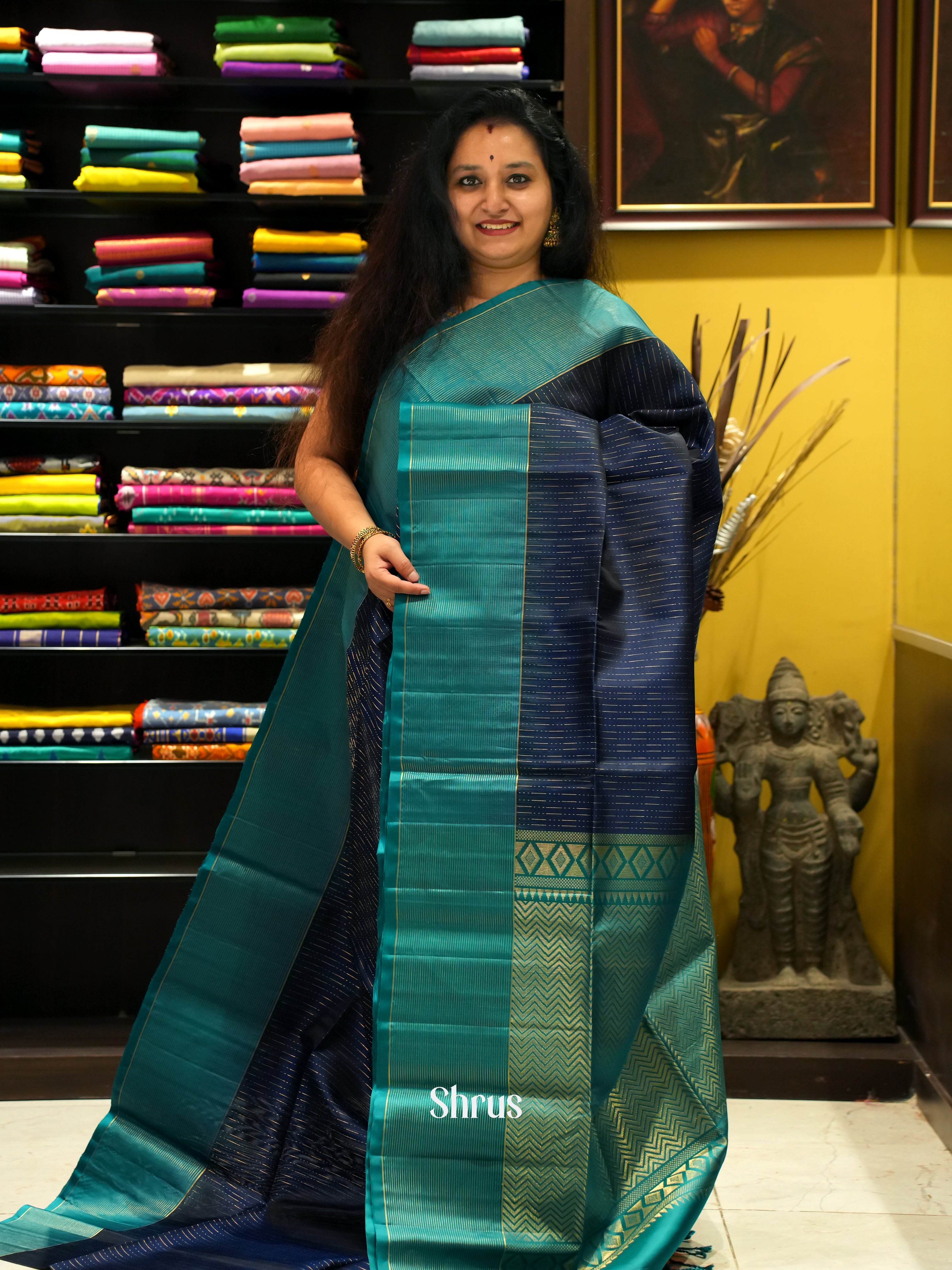 Blue & Peacock Green - Soft Silk Saree