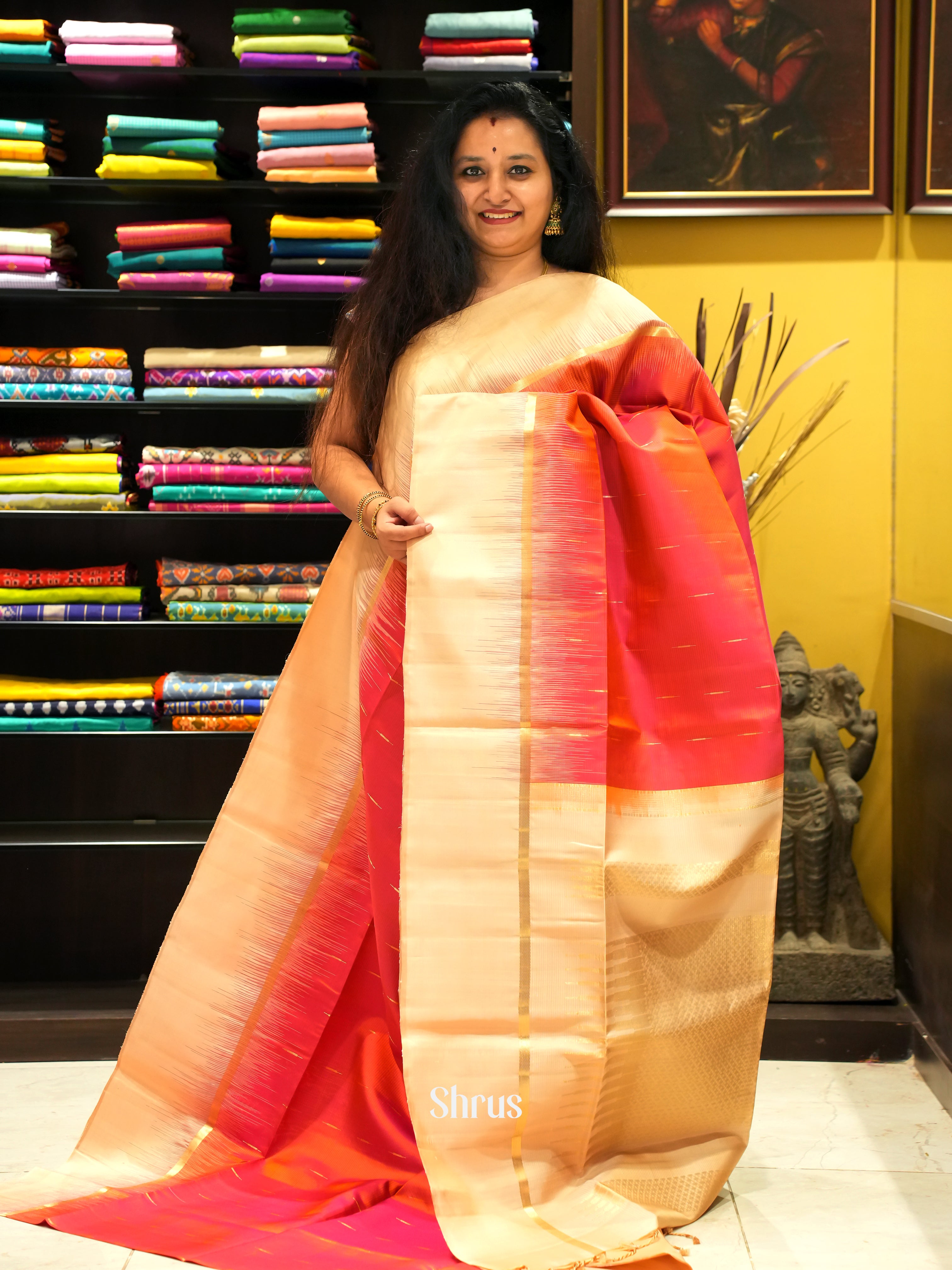 Orangish Pink & Cream - Soft Silk Saree