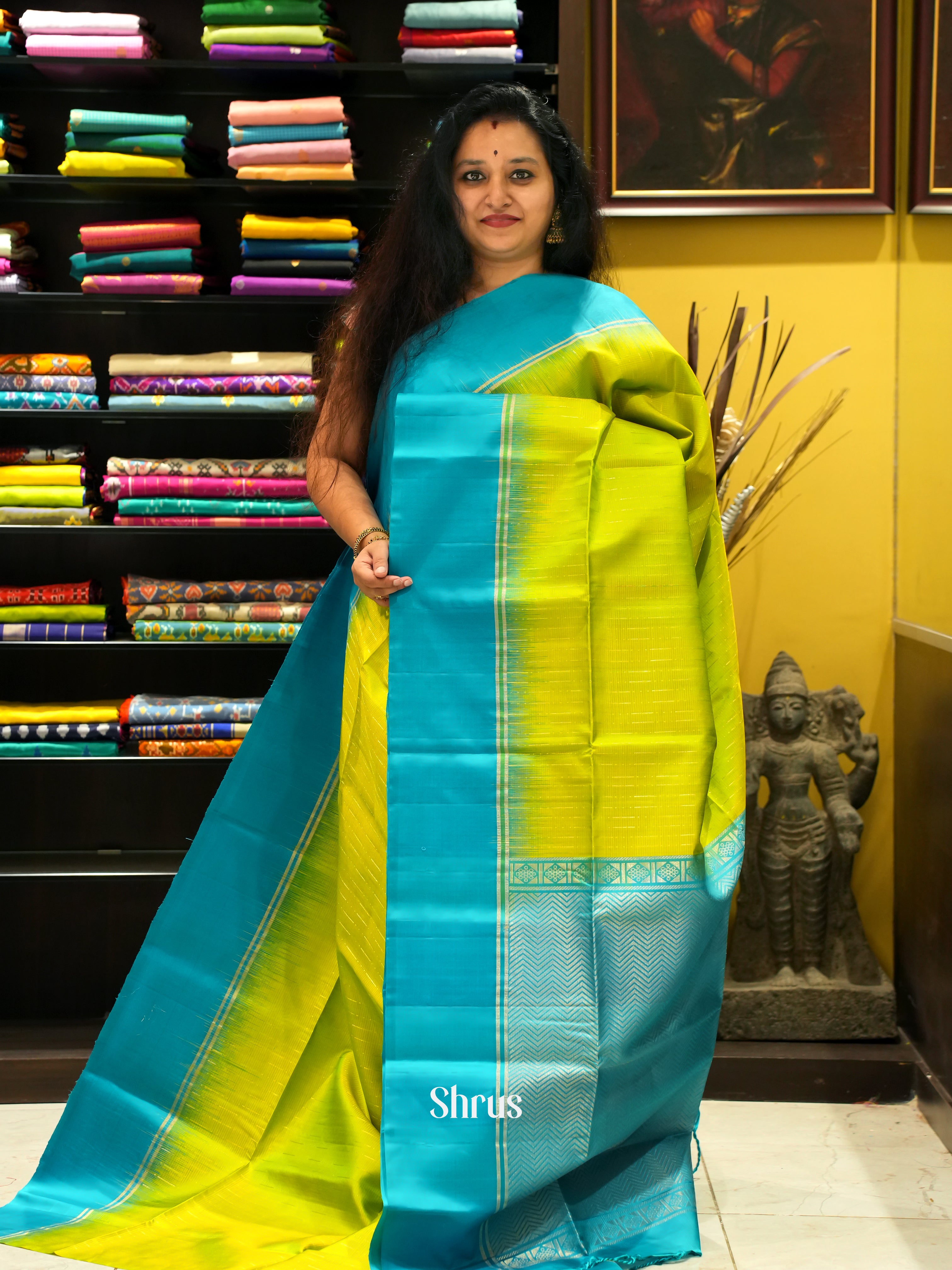 Lime Green & Blue - Soft Silk Saree