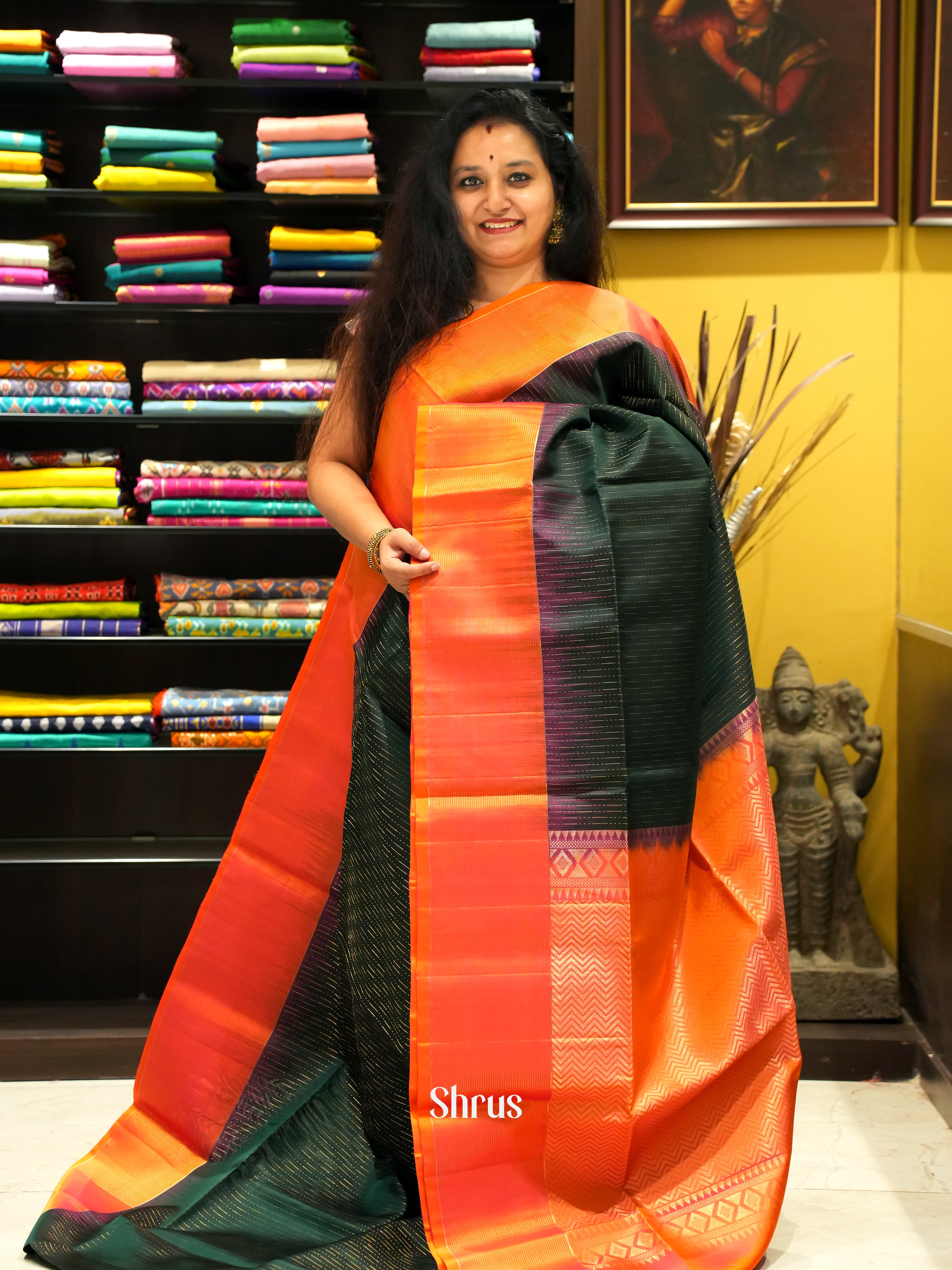 Dark Green & Orange - Soft Silk Saree