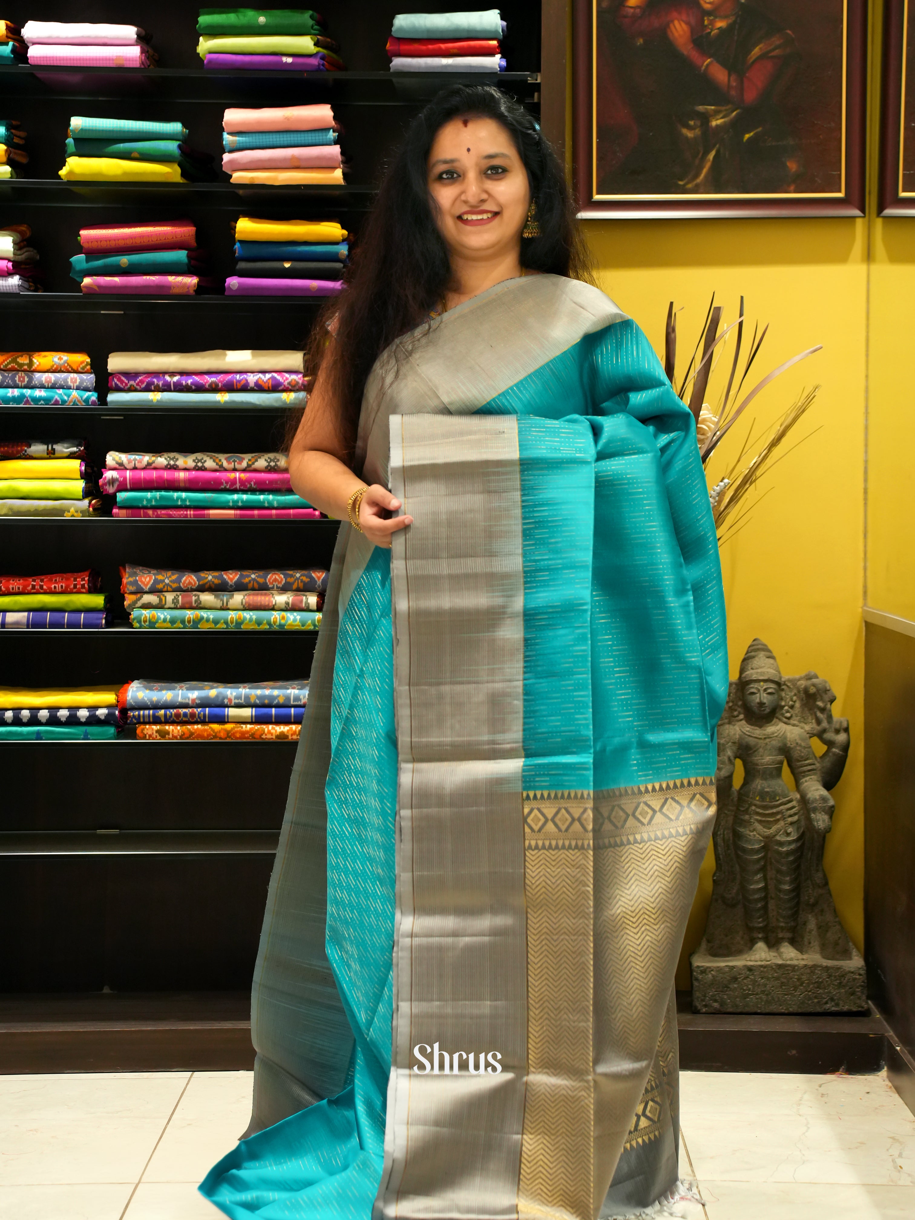 Teal & Grey - Soft Silk Saree