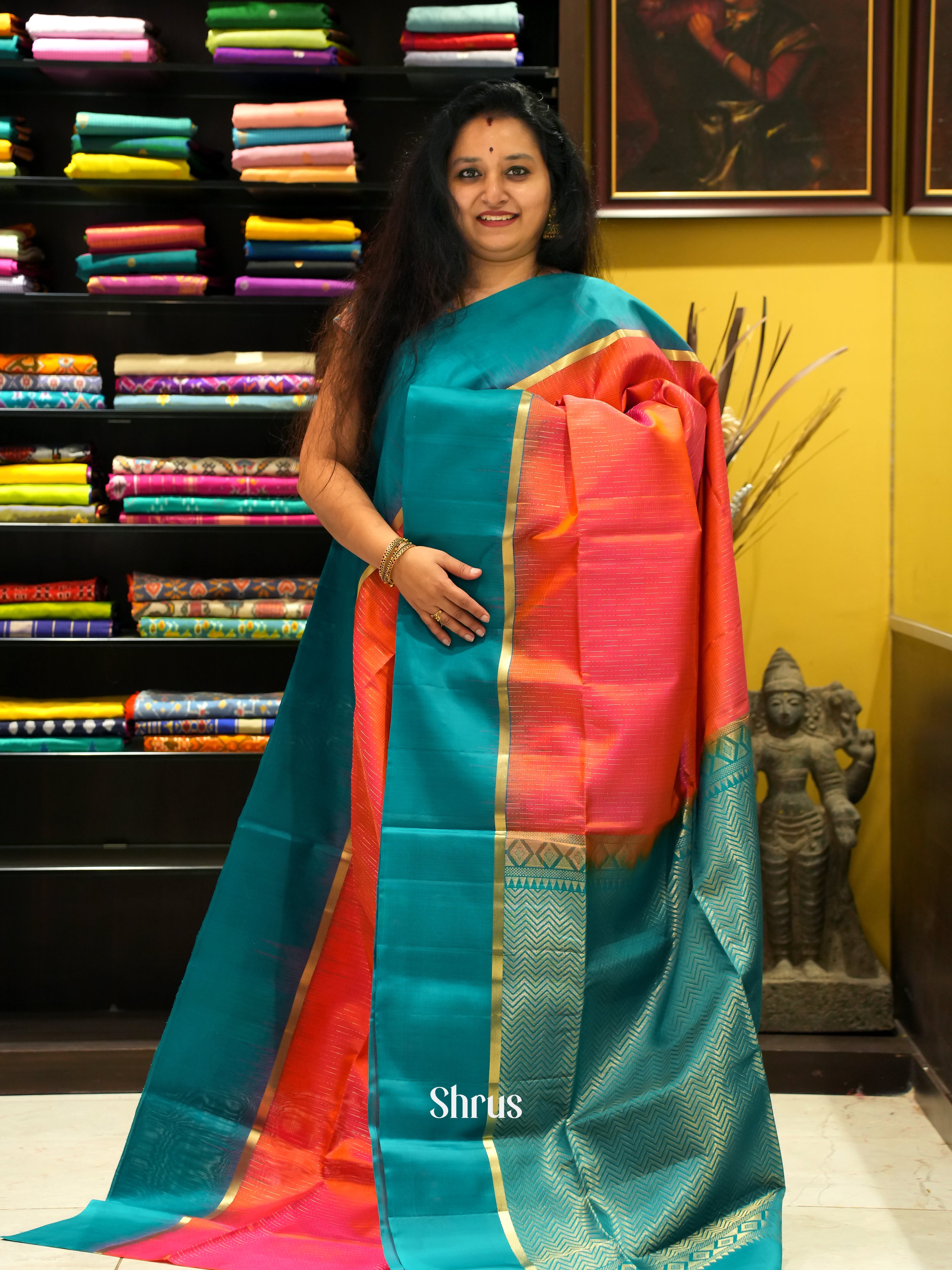 Red & Peacock Green - Soft Silk Saree