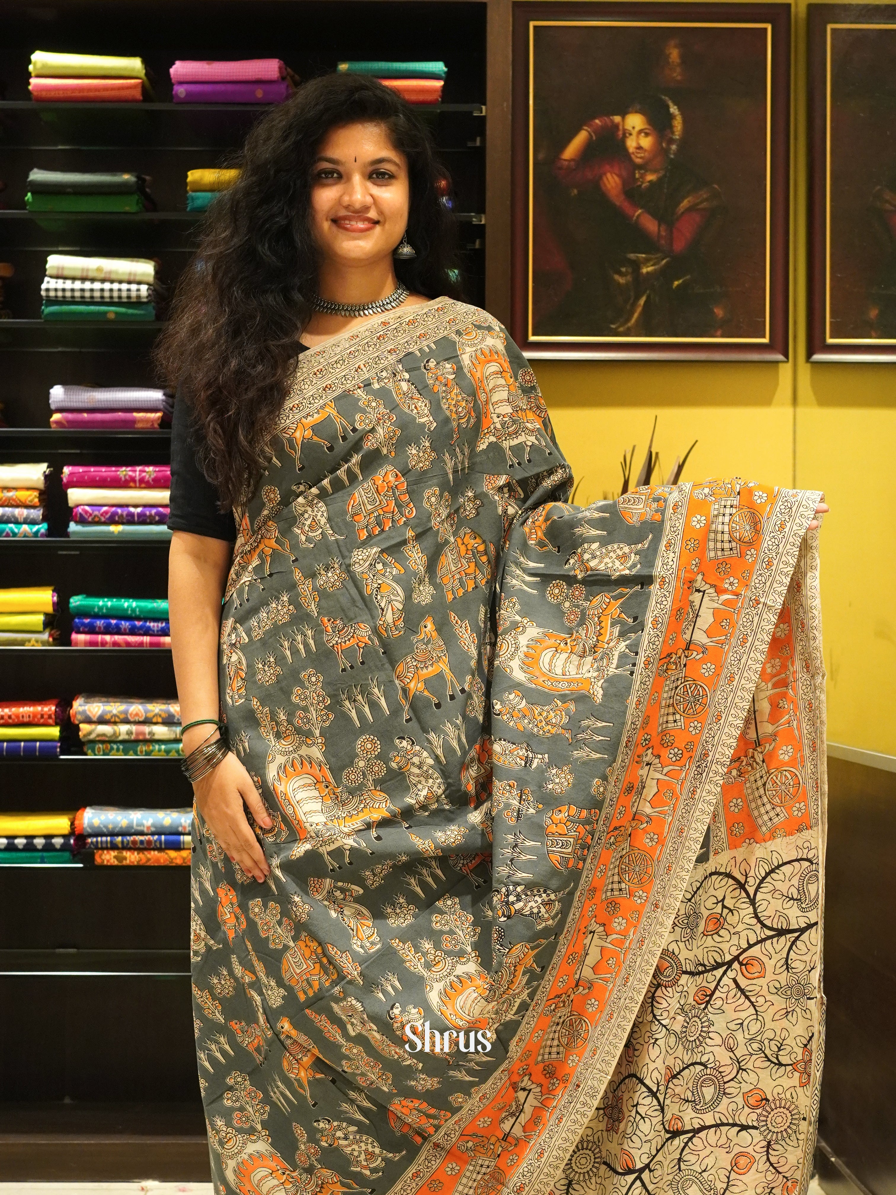 Grey & Orange - kalamkari-cotton