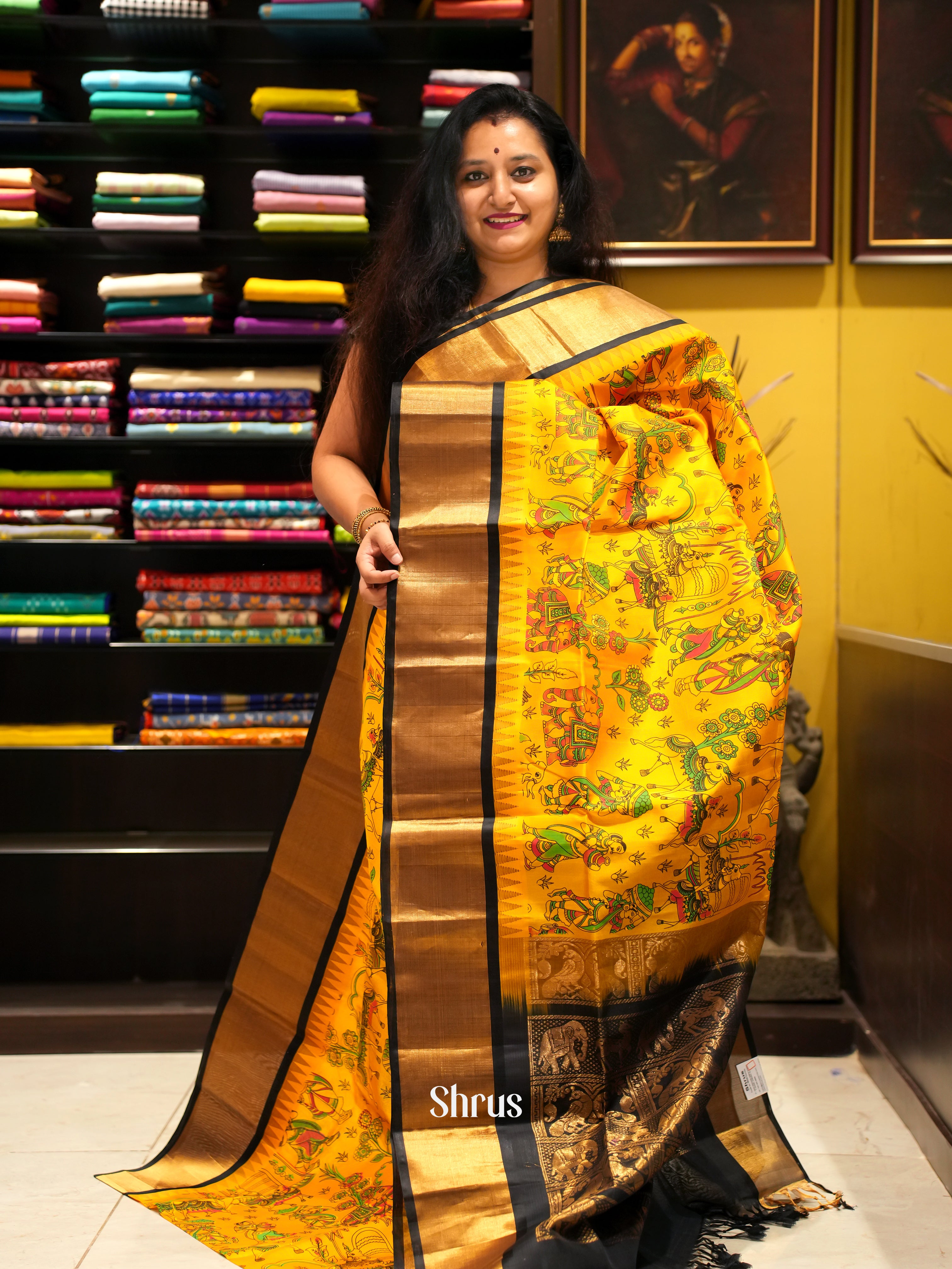 Yellow & Black - Silk Cotton Saree