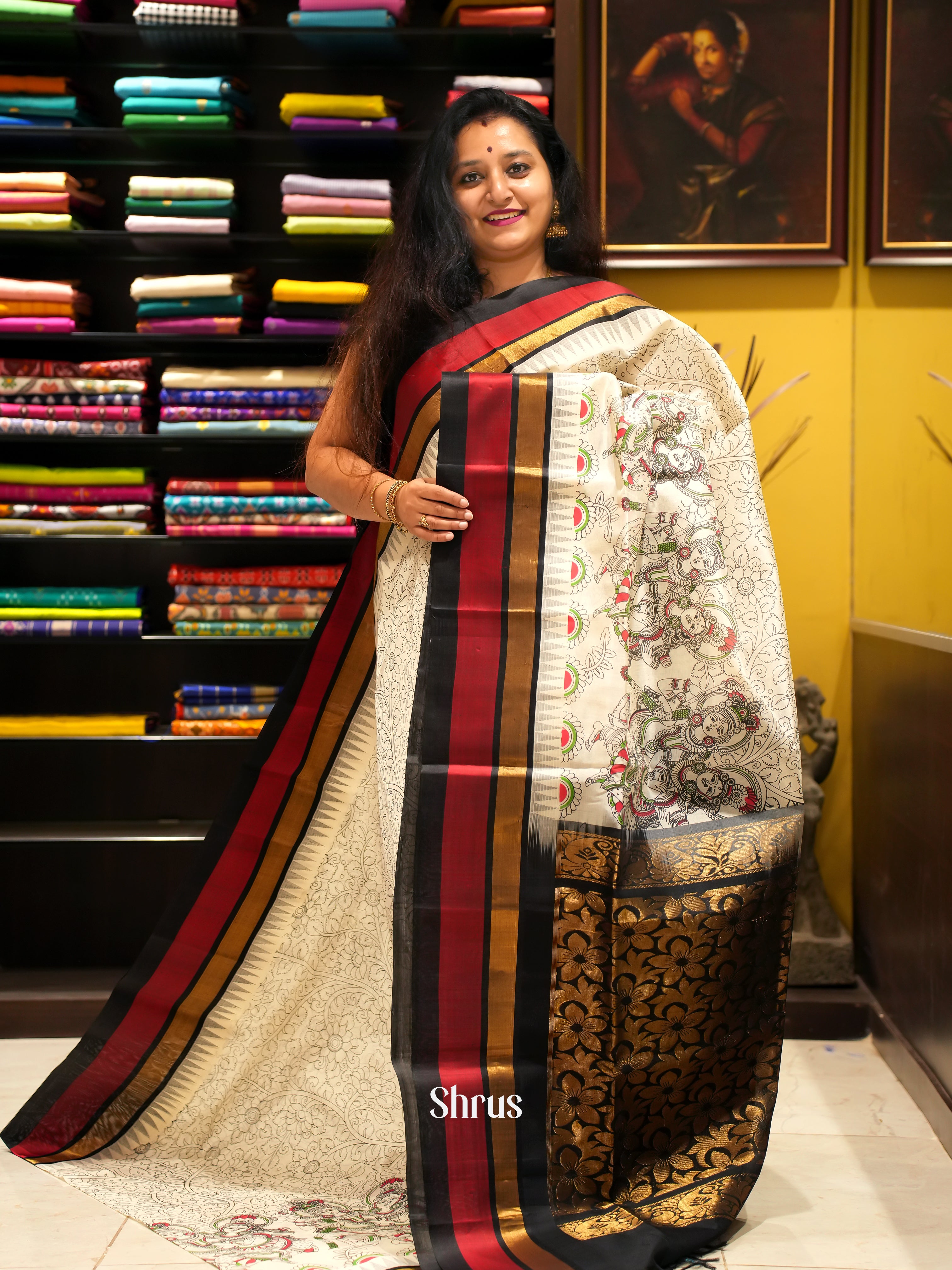 Cream & Black - Silk Cotton Saree