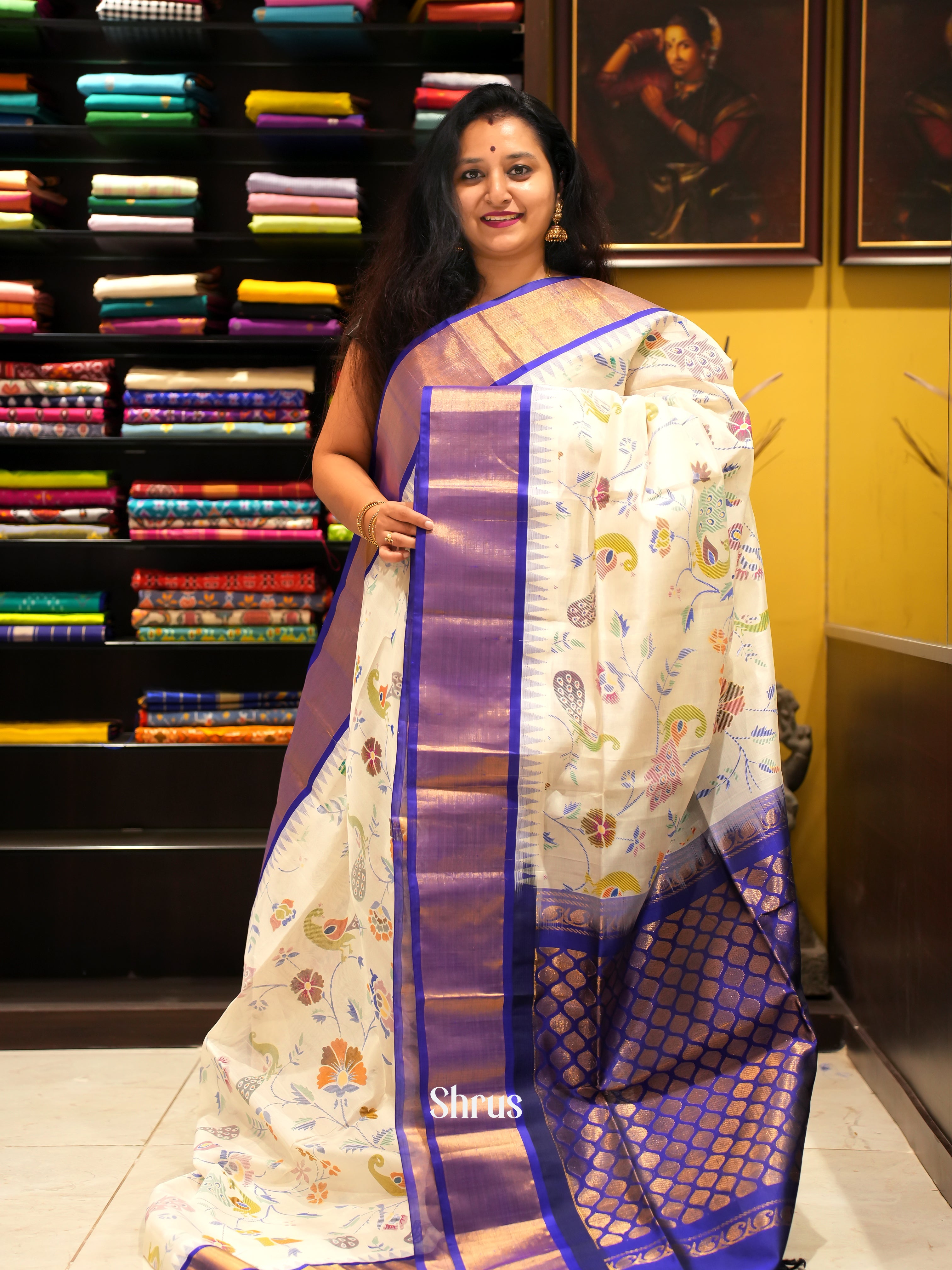 Cream & Blue - Silk Cotton Saree