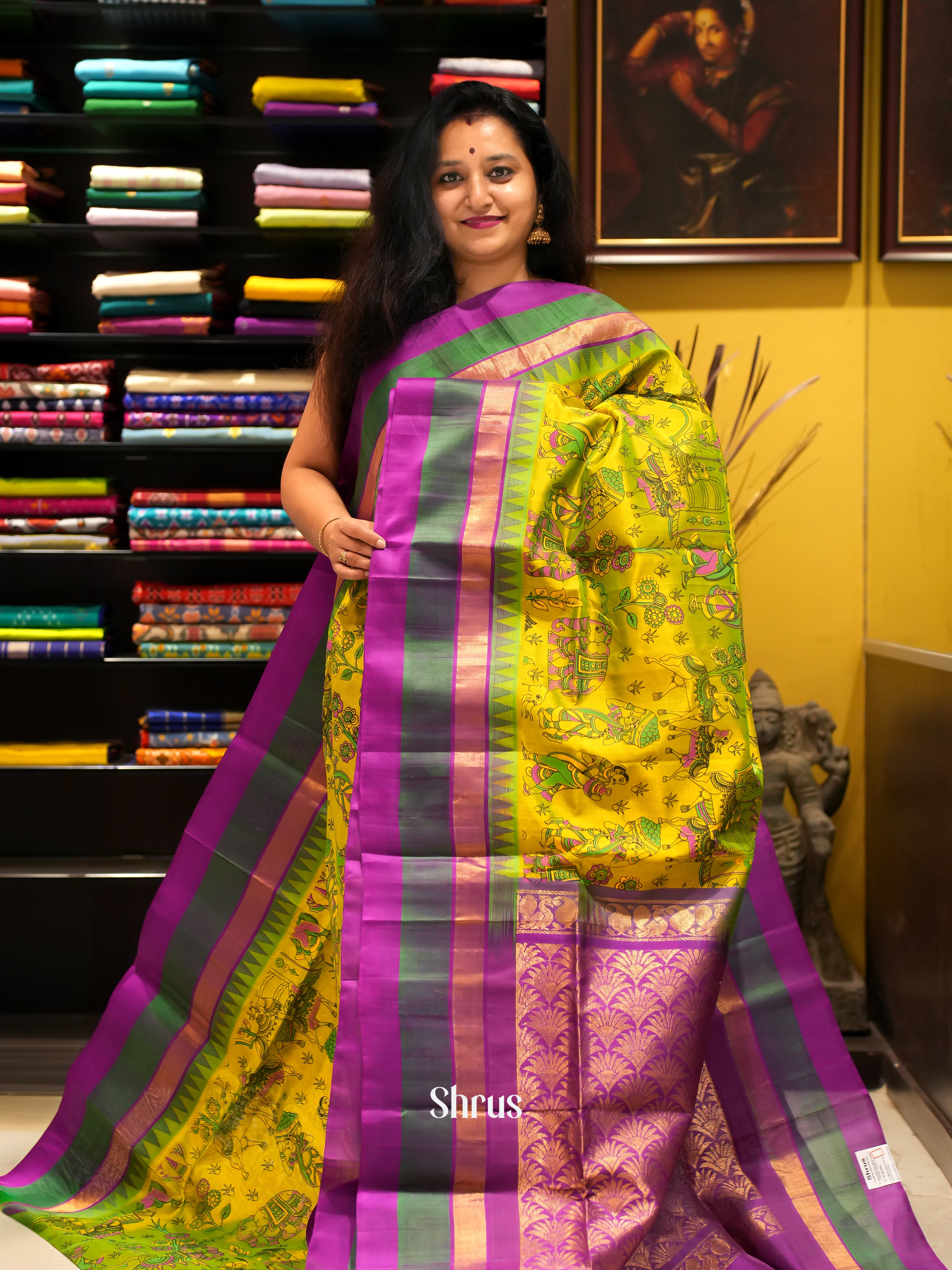 Lime Green & Majenta - Silk Cotton Saree