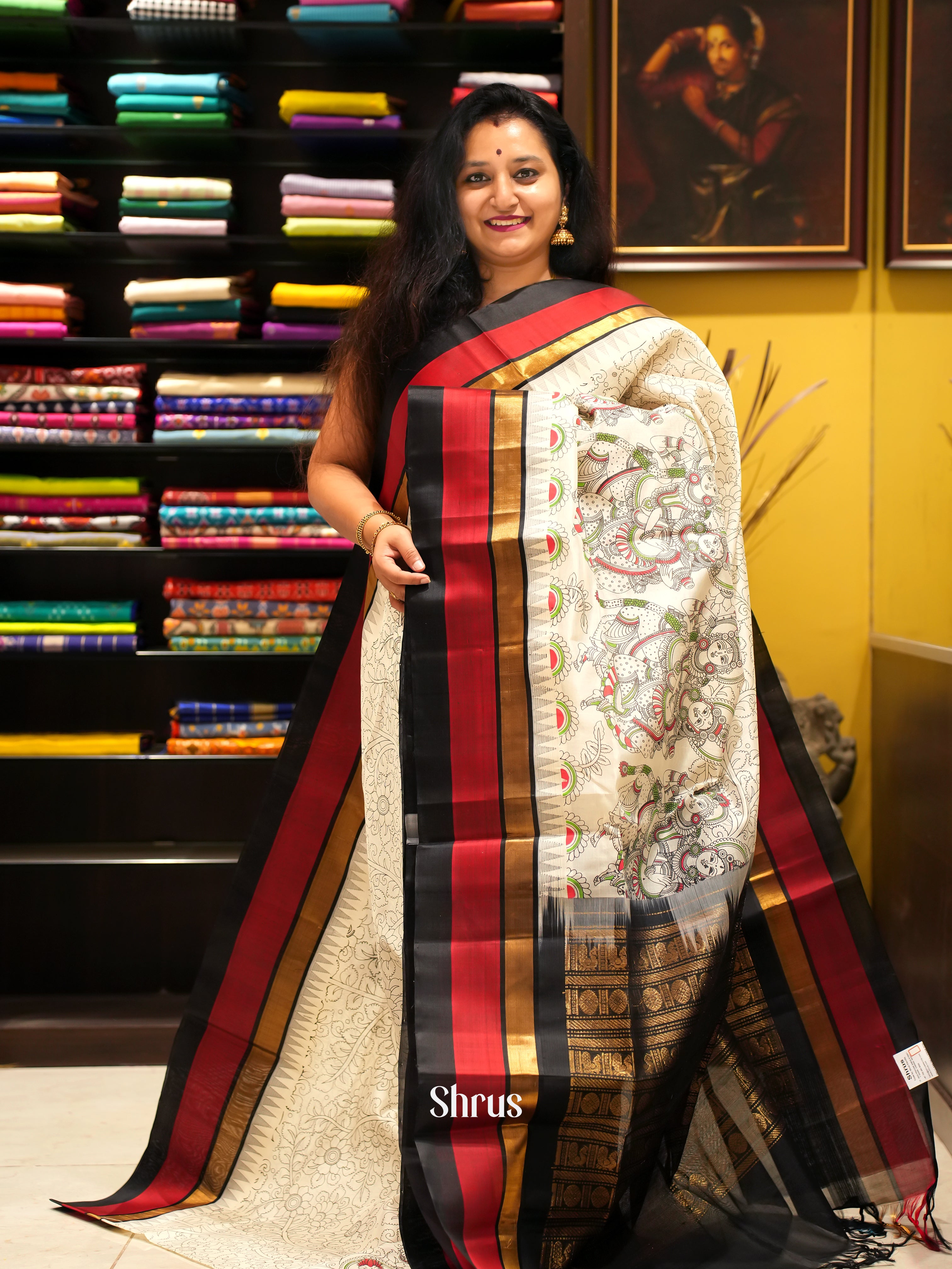 Cream & Black - Silk Cotton Saree