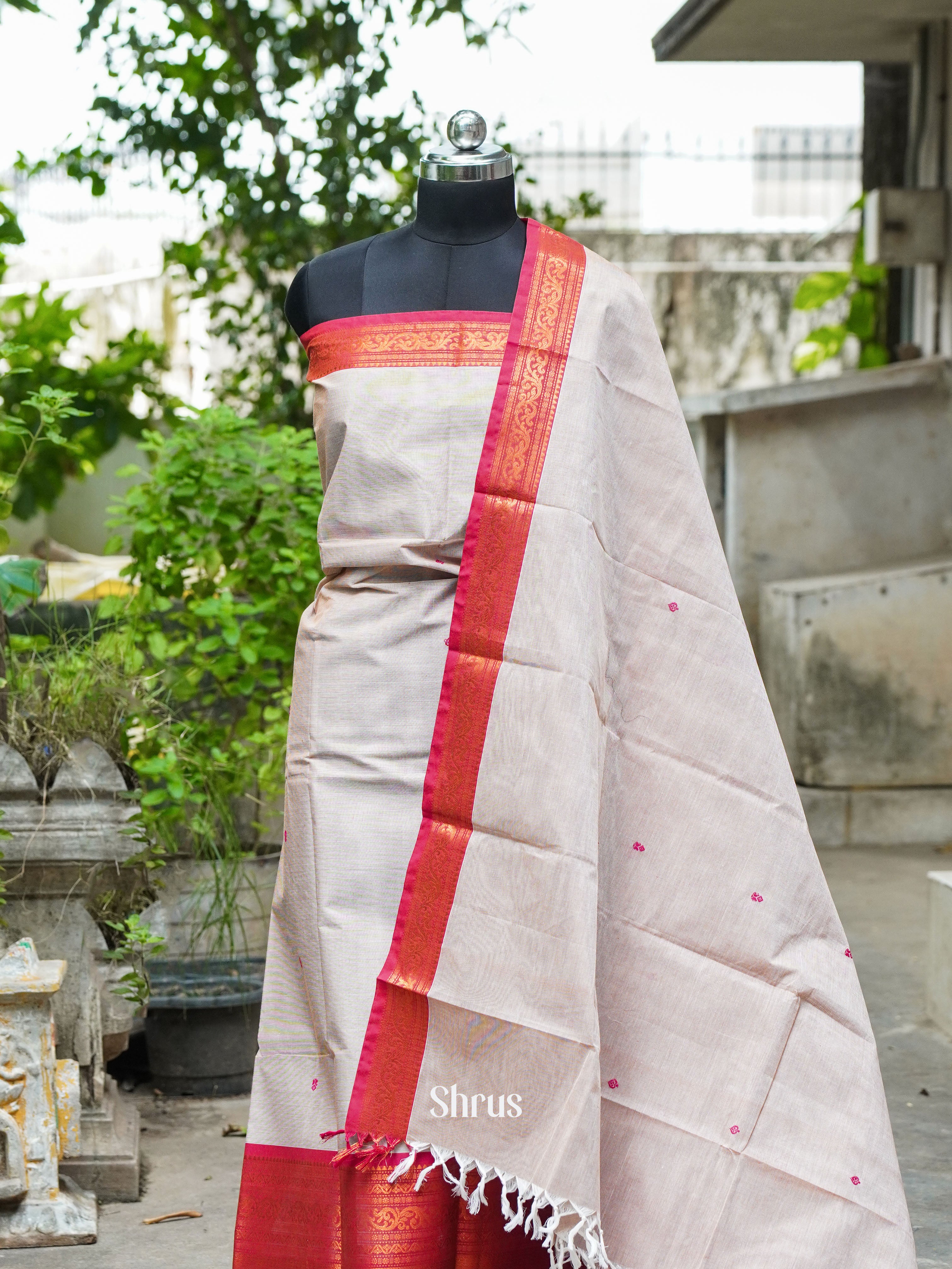 Cream  & Red - Chettinad Cotton Top & Dupatta