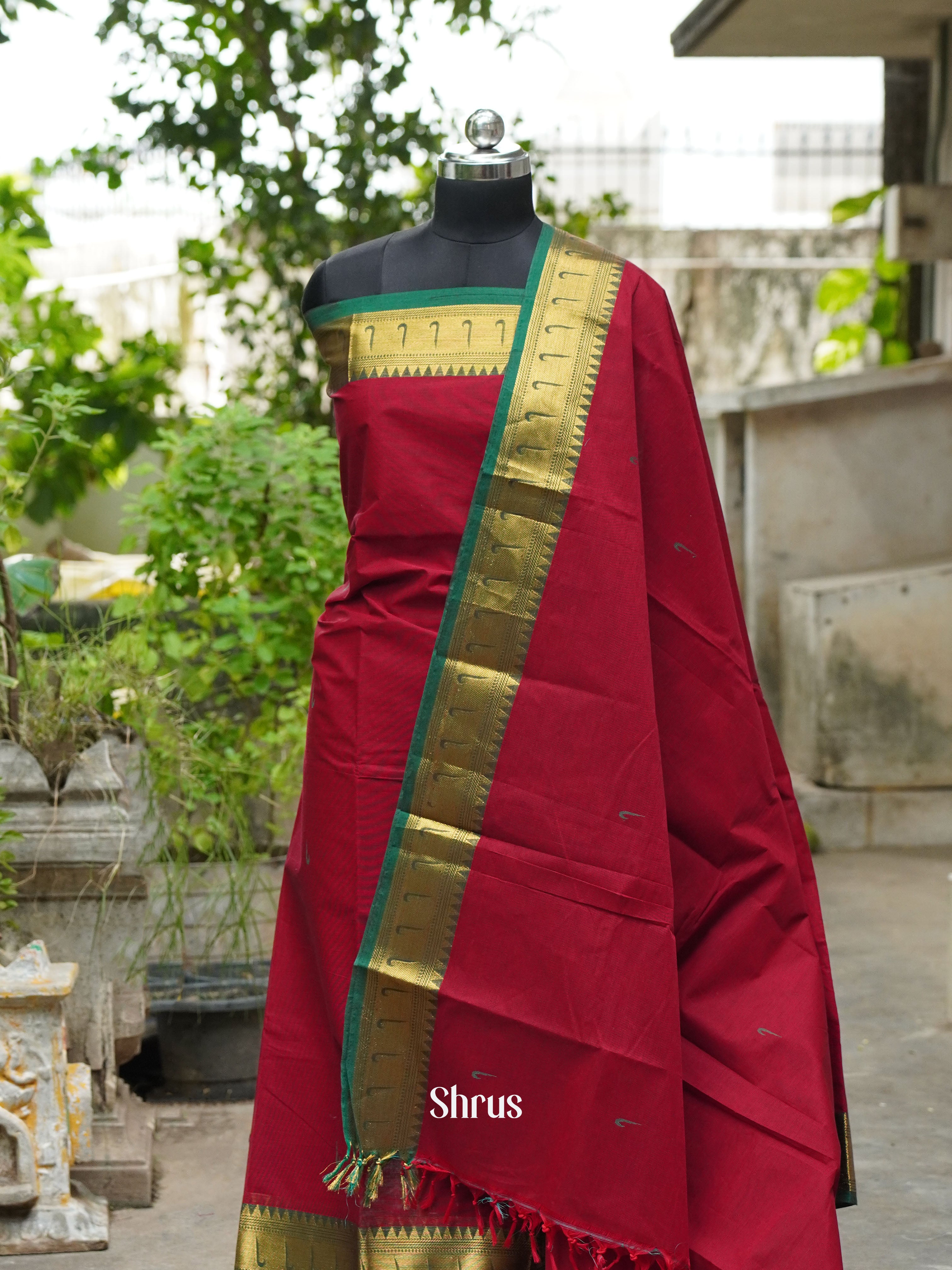 Maroon & Green - Chettinad Cotton Top & Dupatta