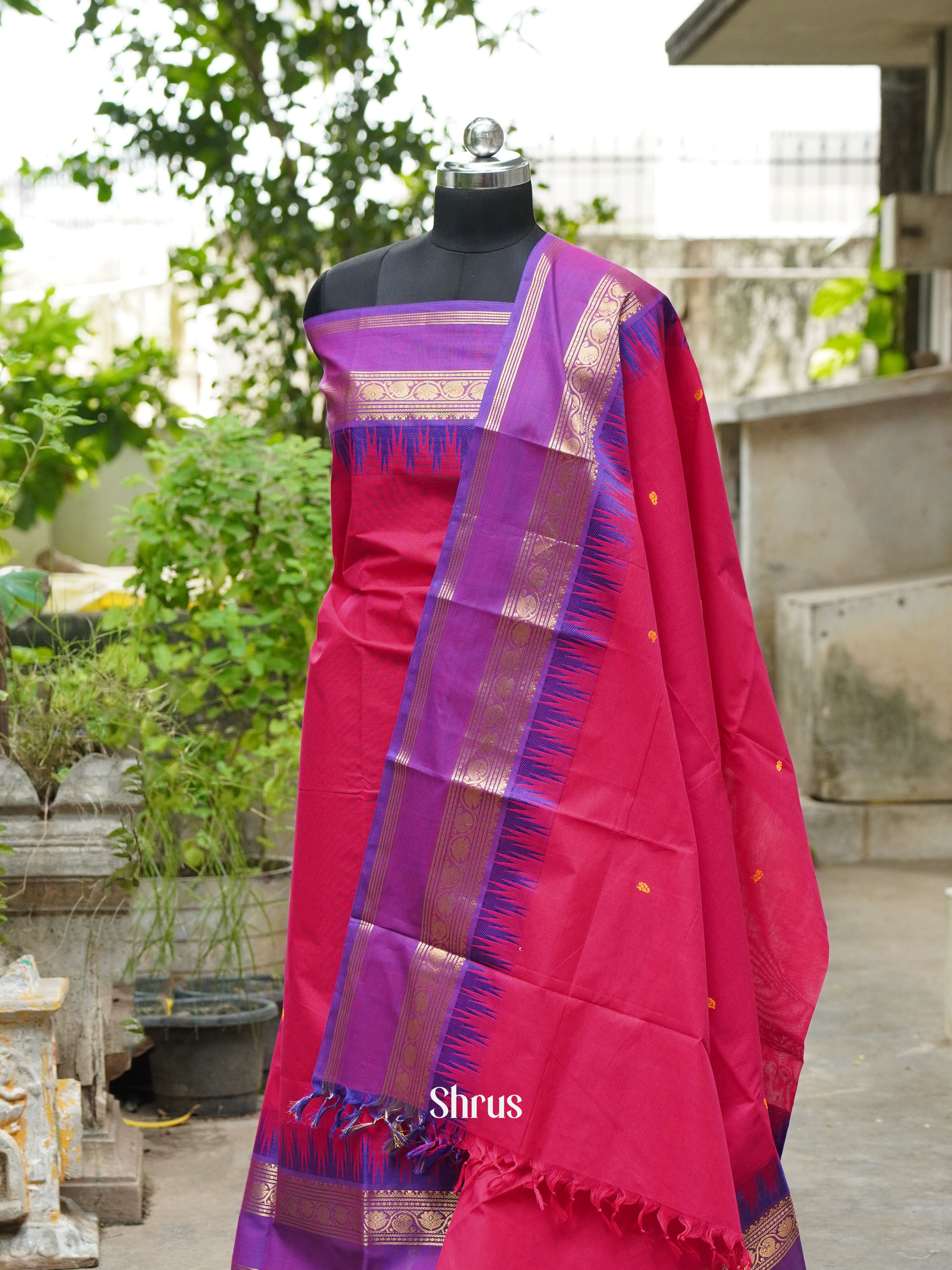 Red & Purple - Chettinad Cotton Top & Dupatta