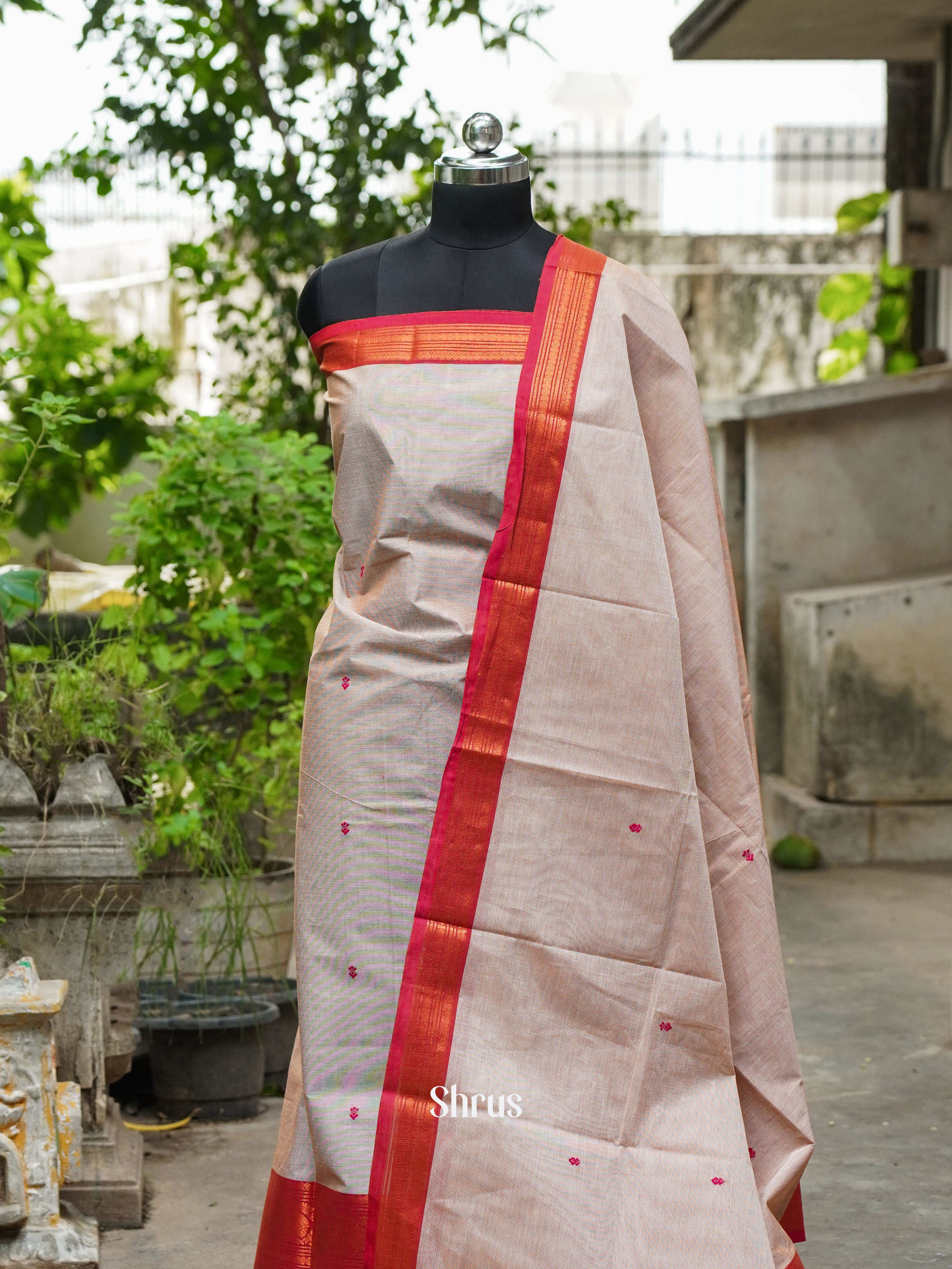 Cream & Red - Chettinad Cotton Top & Dupatta