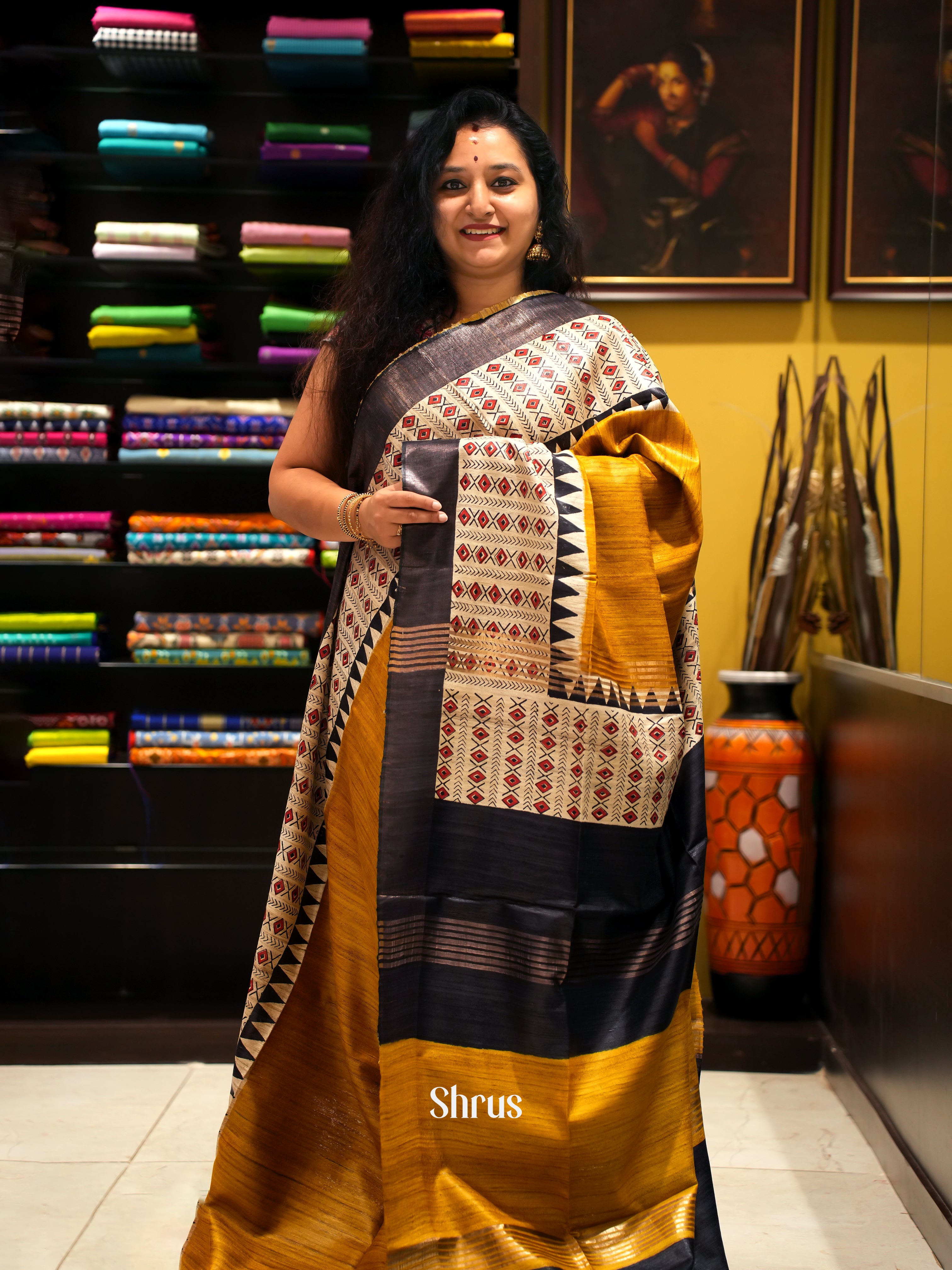 Mustard & Black - Gicha Saree