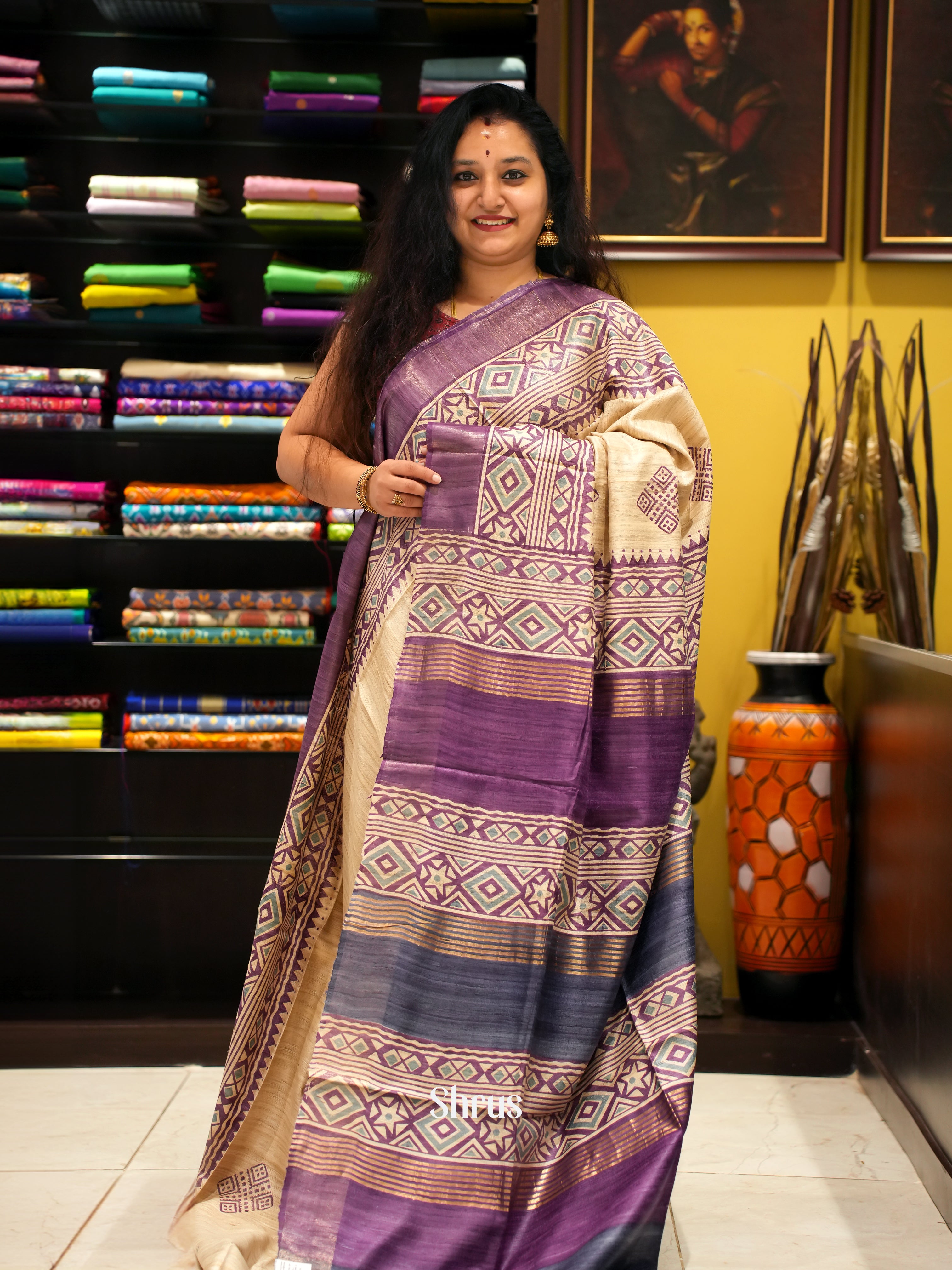 Cream & Purple - Gicha Saree