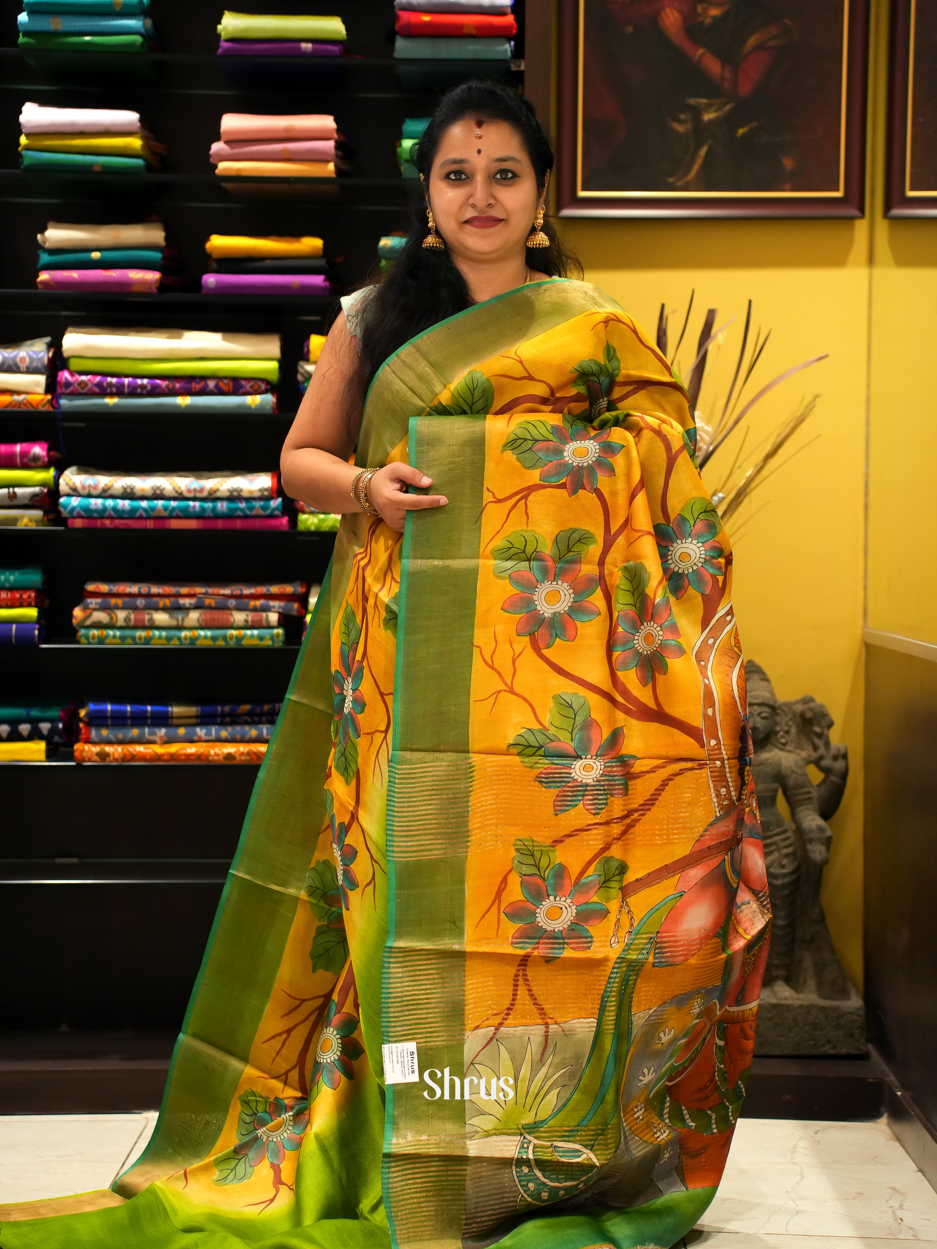Yellow & Green - Tussar Saree - Shop on ShrusEternity.com