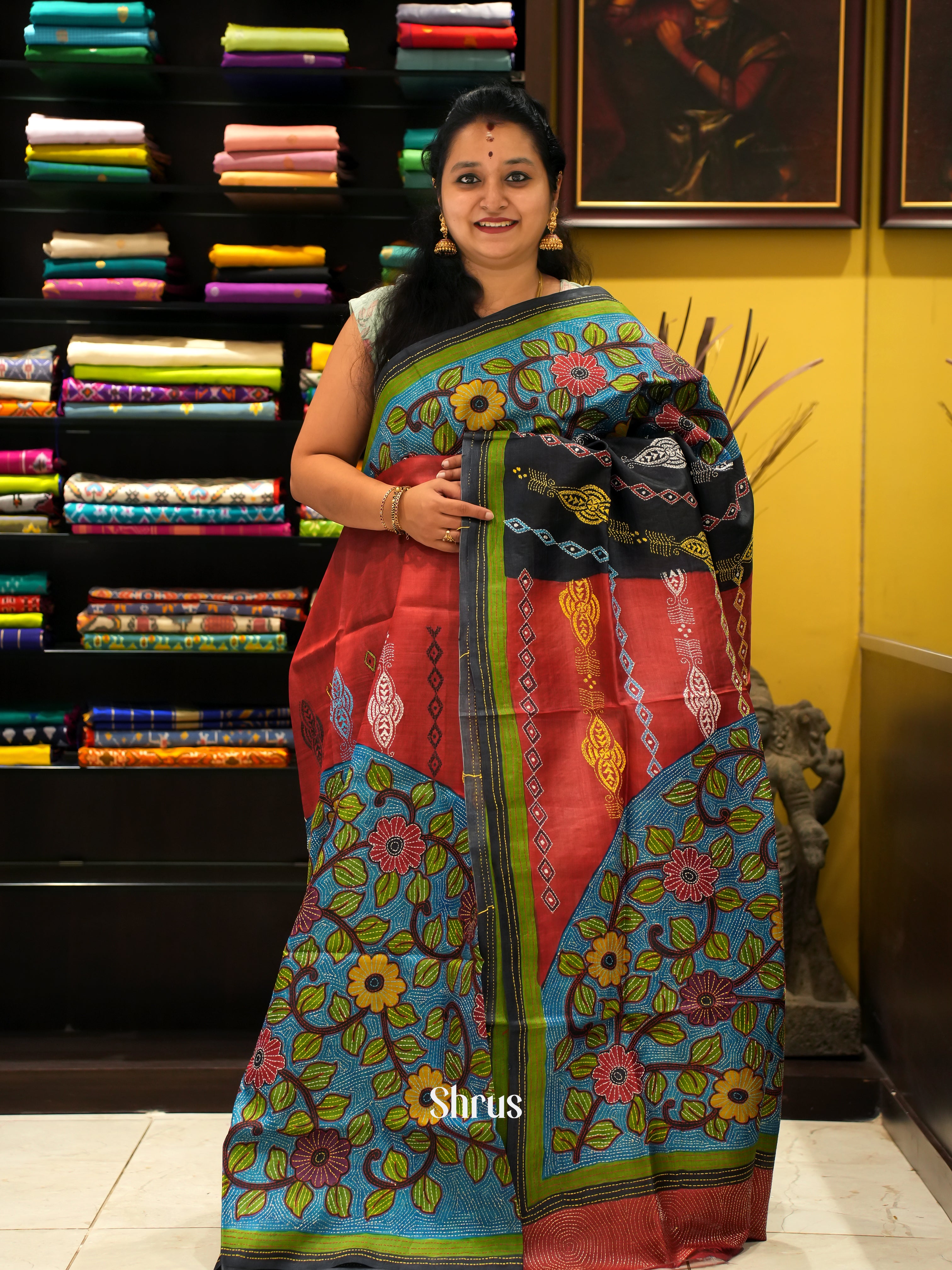 Red , Black , Blue  - Tussar Saree