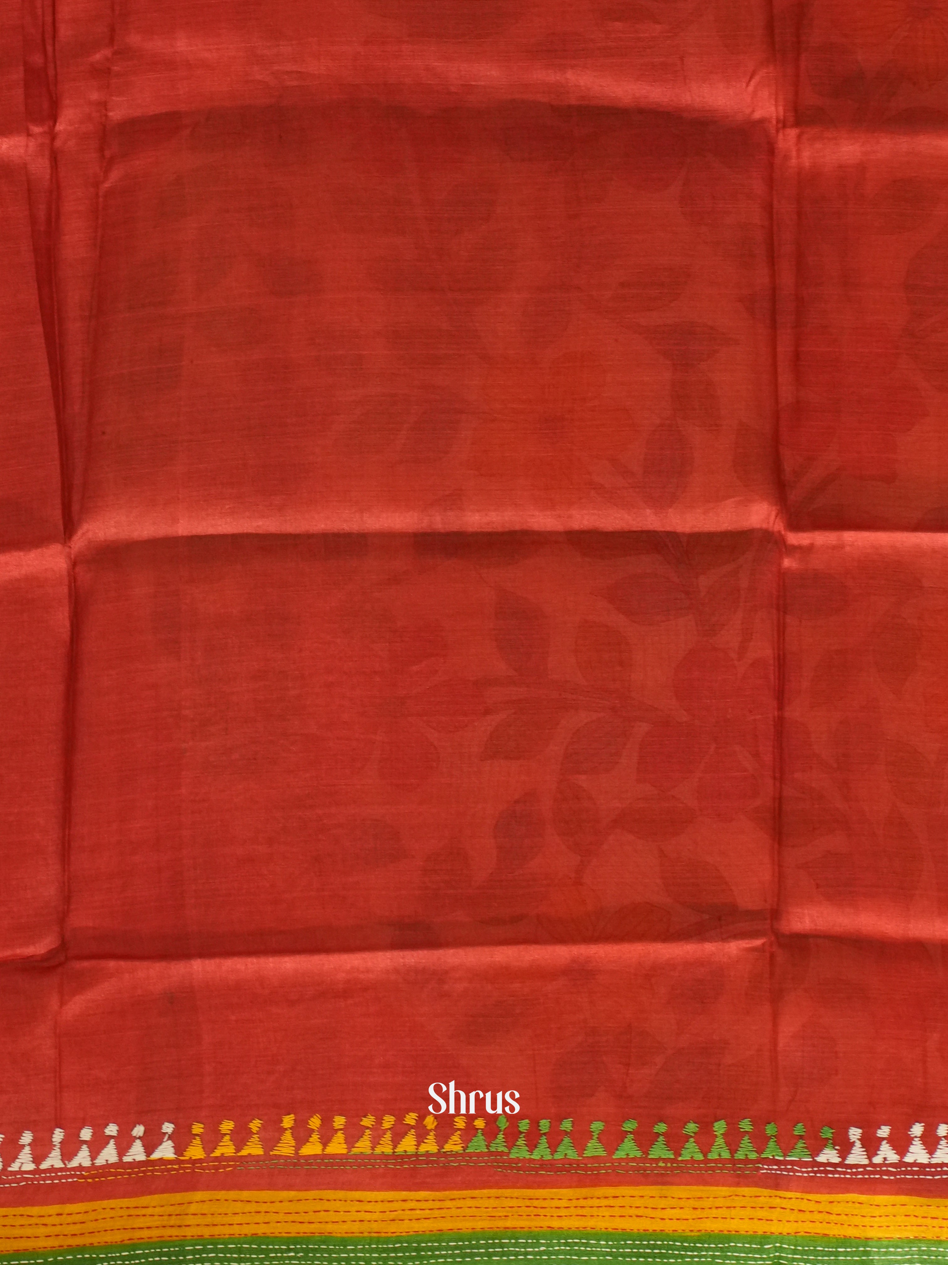 Green, Red & Cream - Tussar Saree(Kantha Stitch)