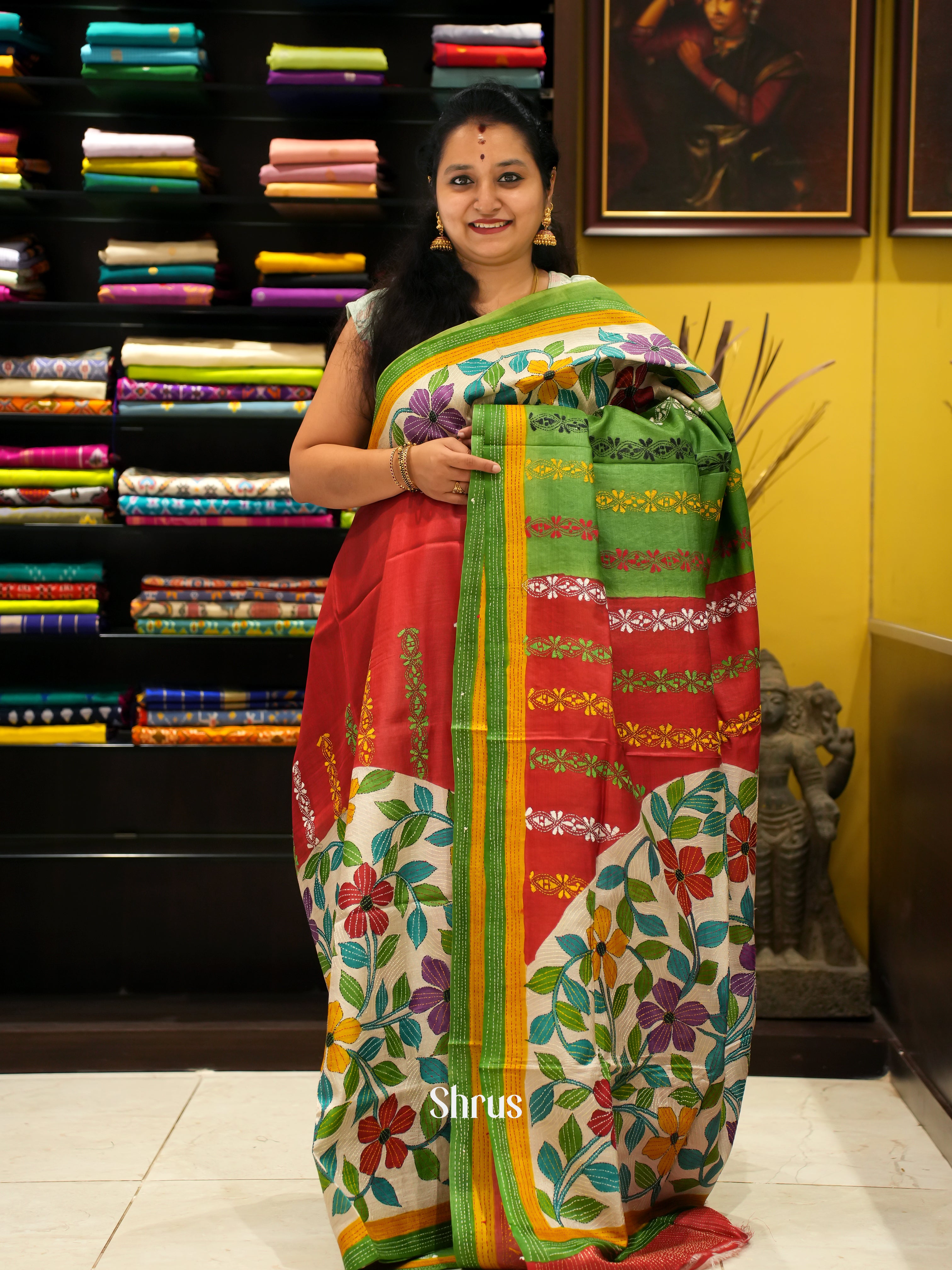 Green, Red & Cream - Tussar Saree(Kantha Stitch)