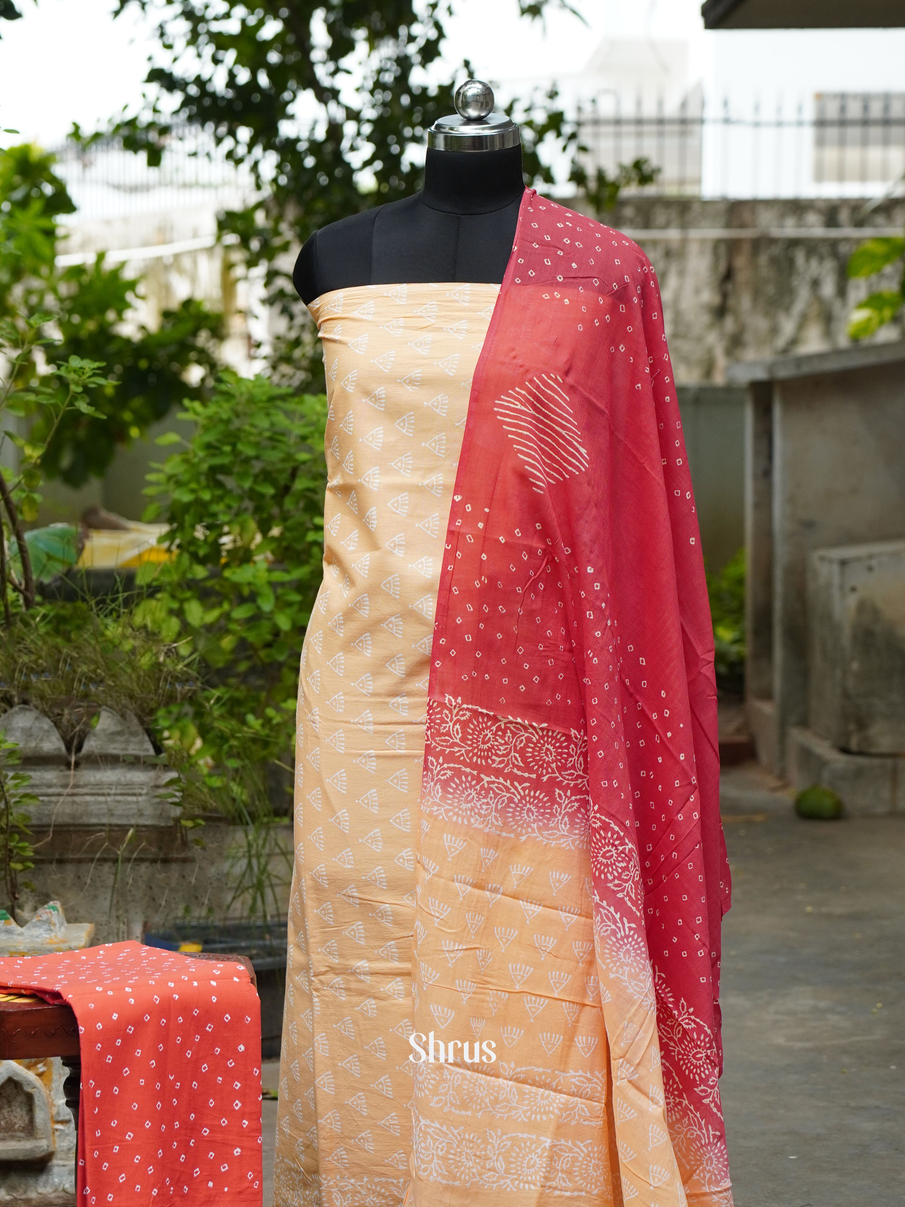 Pale Orange & Red - Cotton salwar