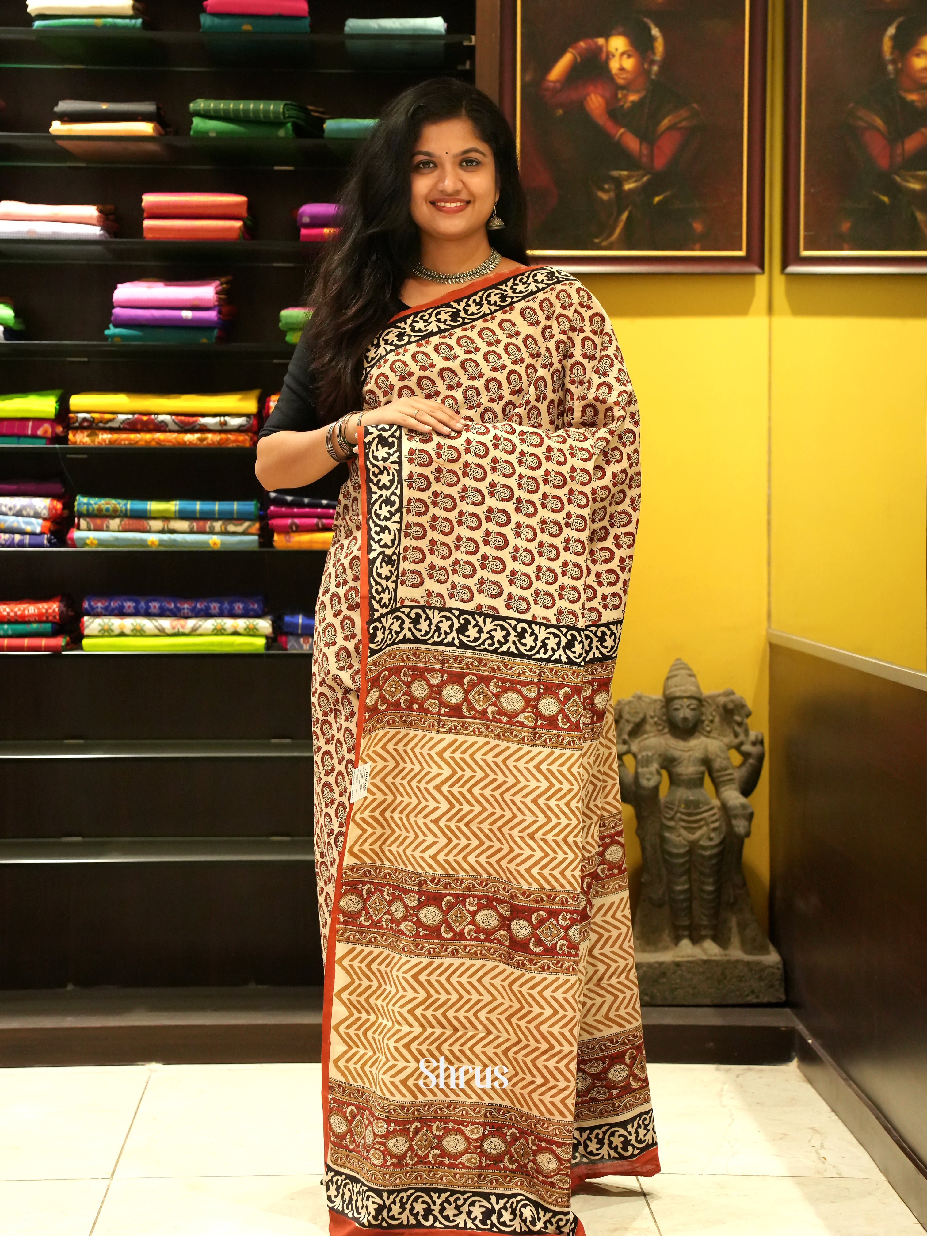 Cream & Brown - Jaipur cotton Saree