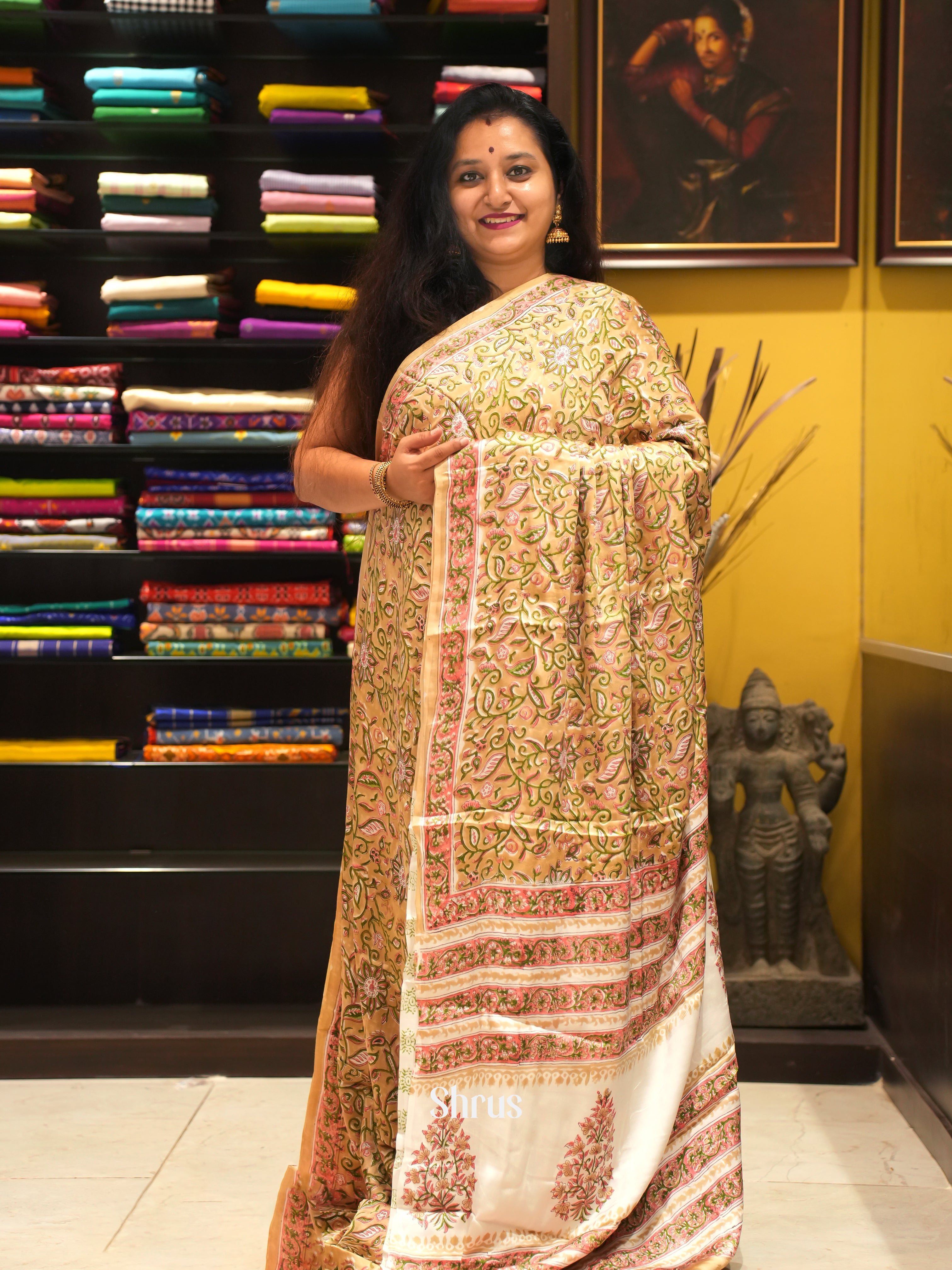 Pale Orange & Cream - Modal Silk Saree