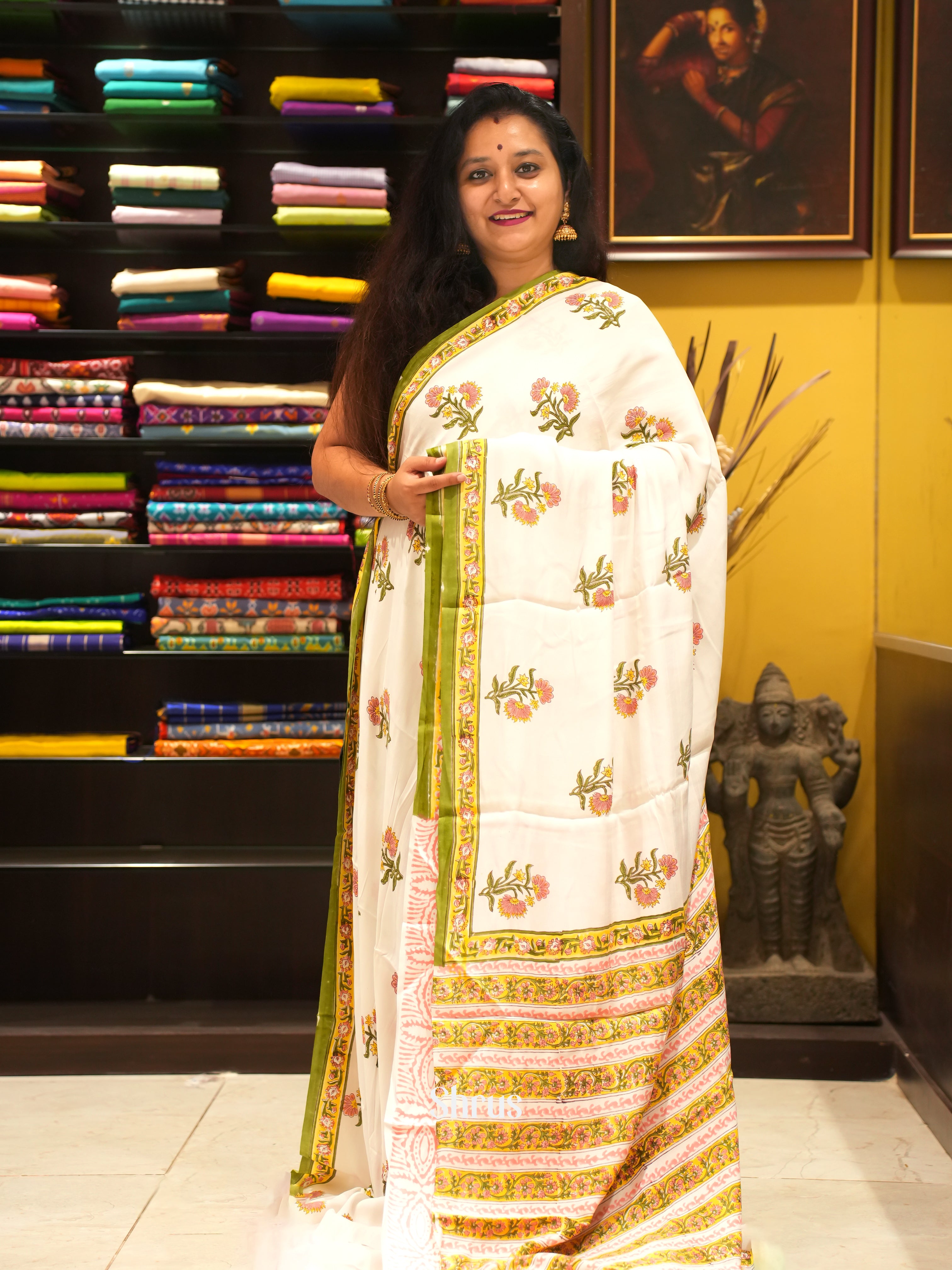 White & Green - Modal Silk Saree