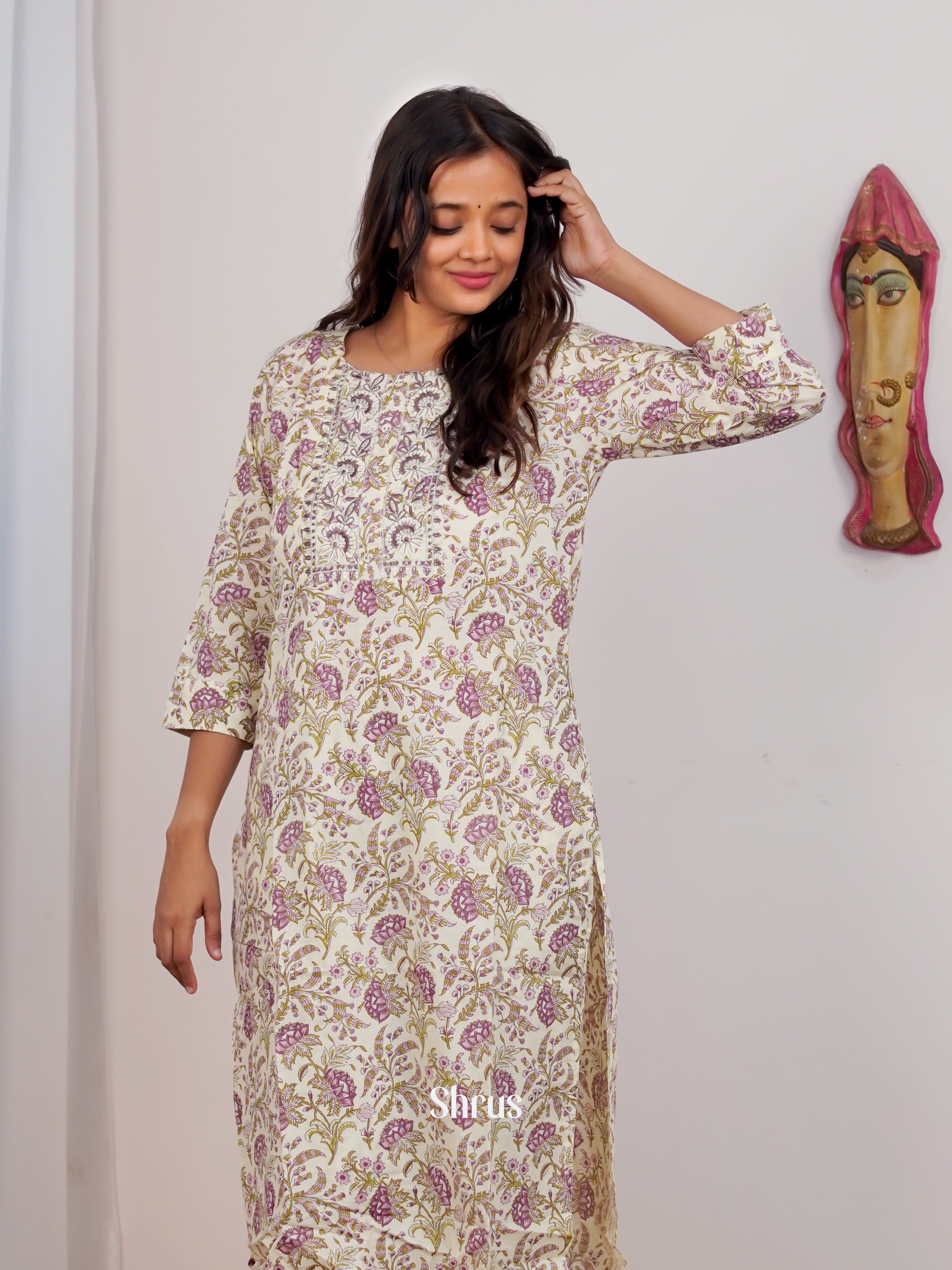 Cream & Purple - 2pc Casual printed Readymade Suits