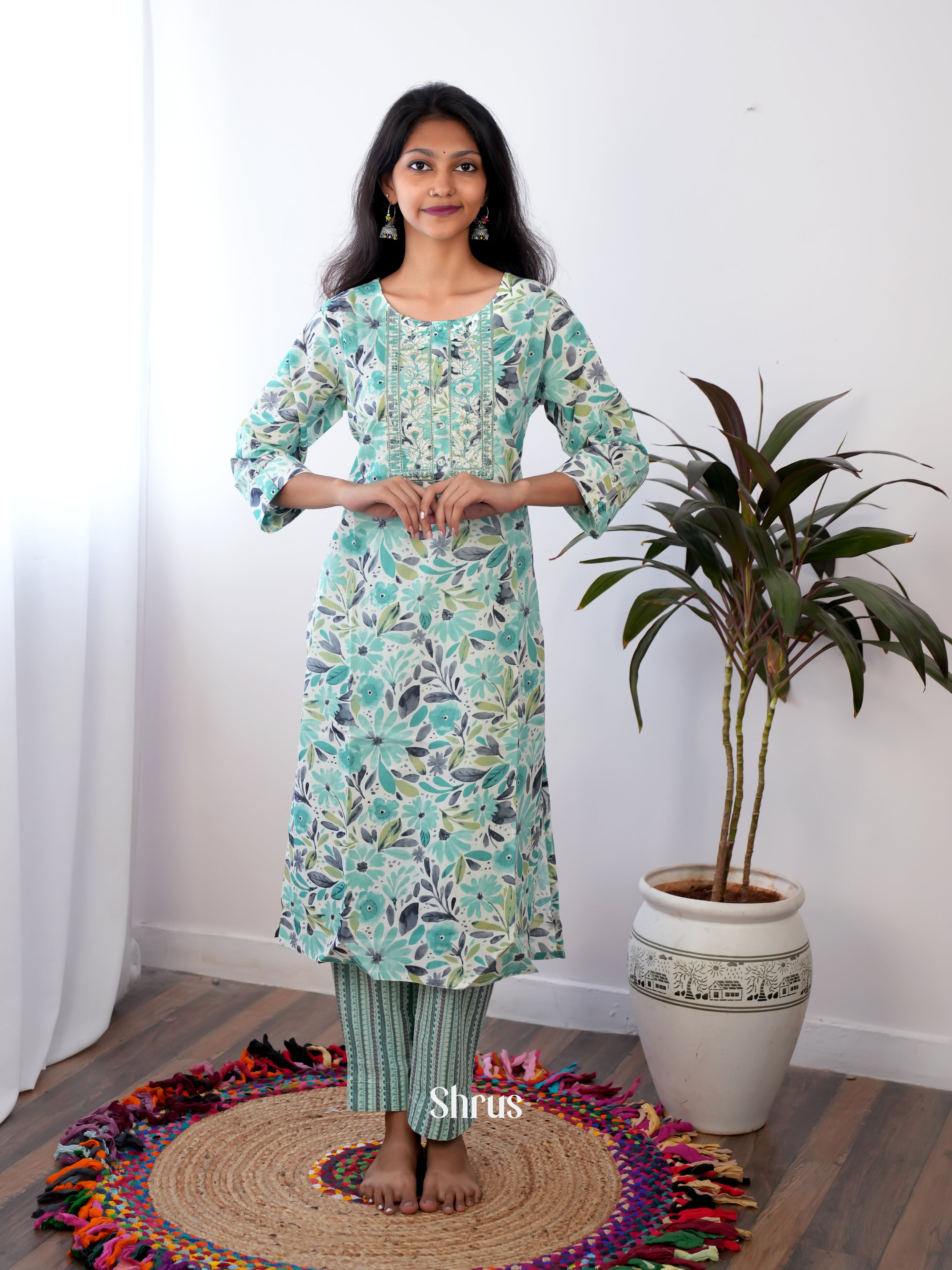 Cream & Green -2pc printed  Readymade Suits