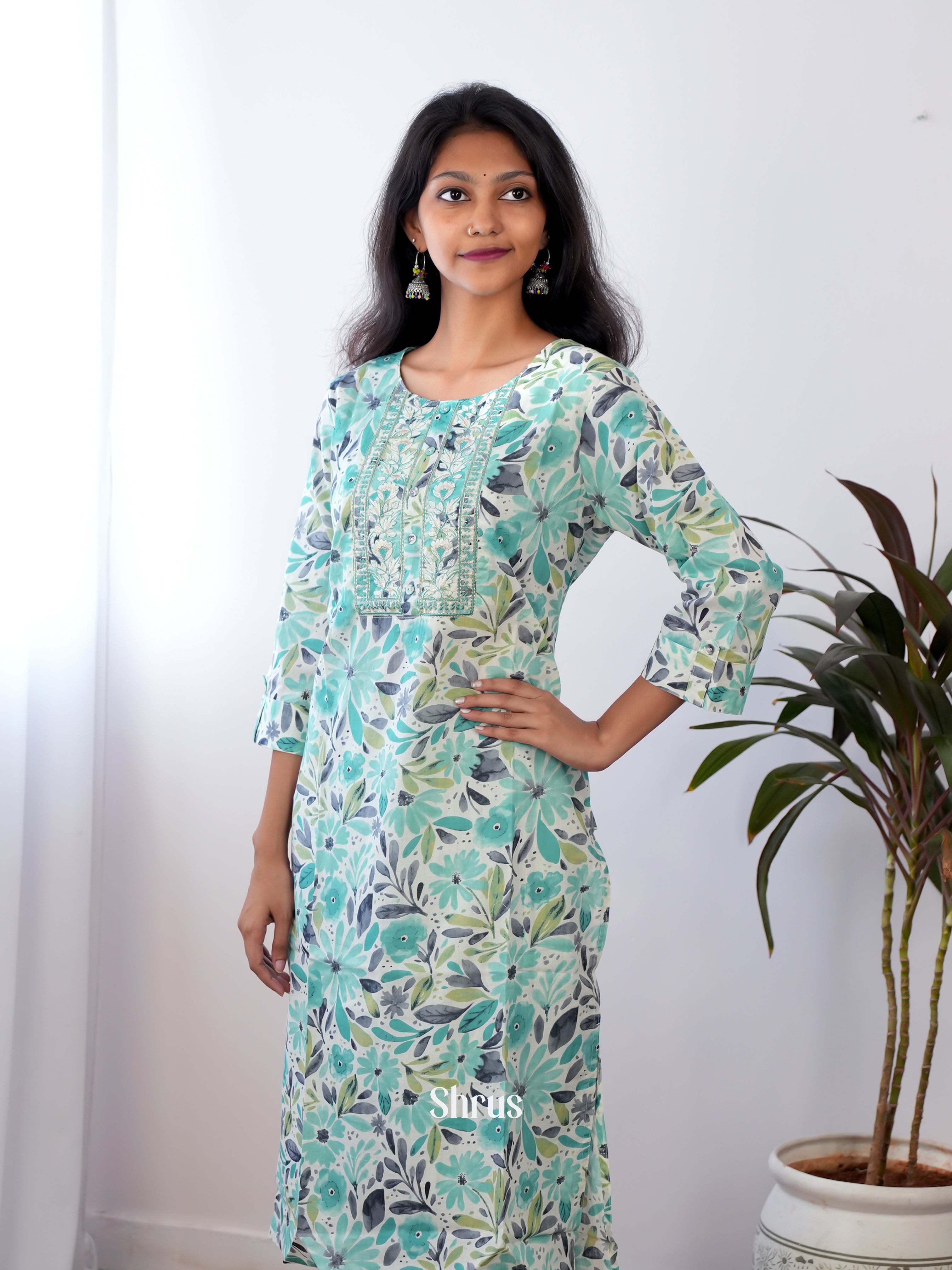 Cream & Green -2pc printed  Readymade Suits