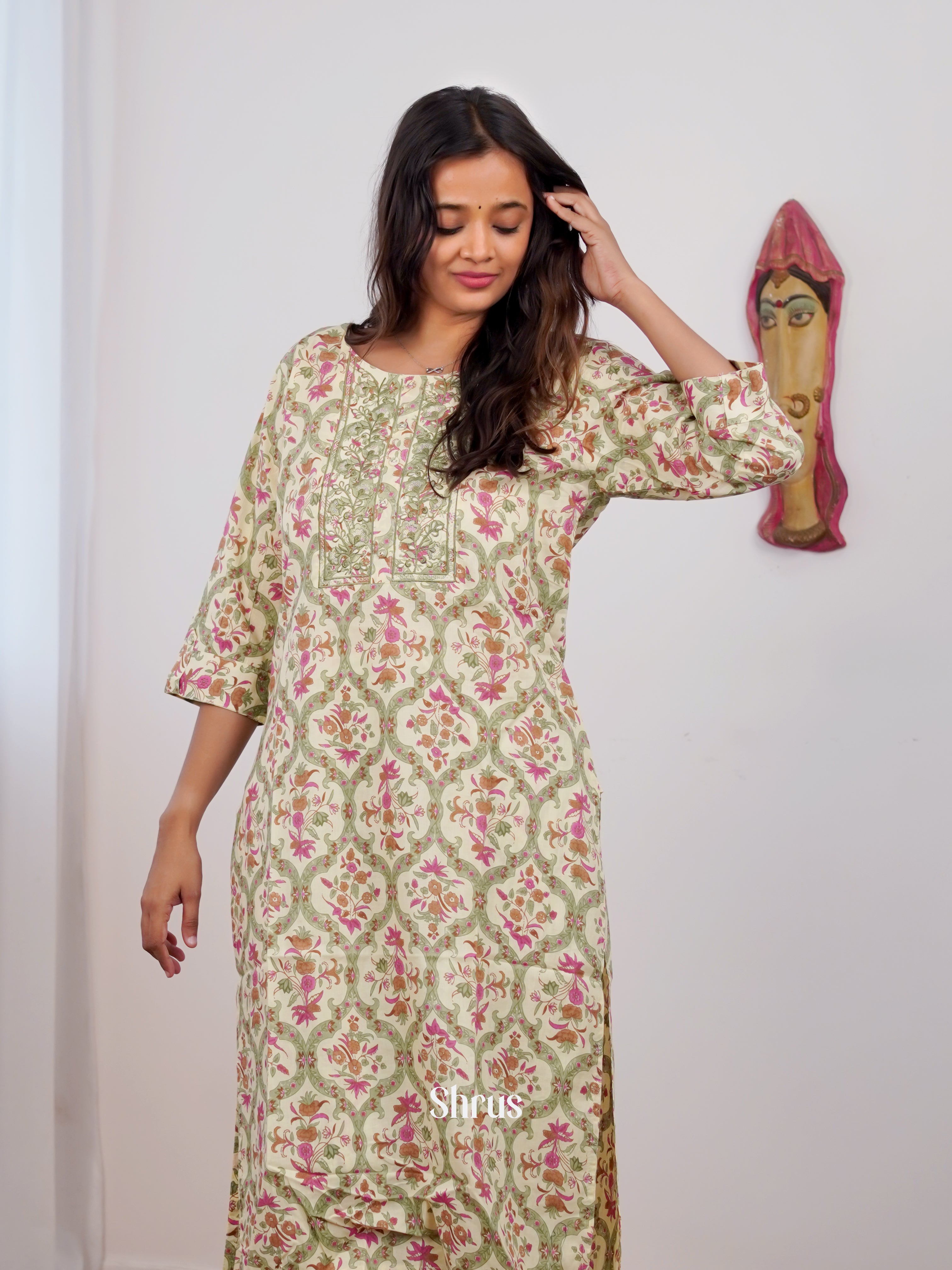 Cream & Green - 2 pc printed Readymade Suits