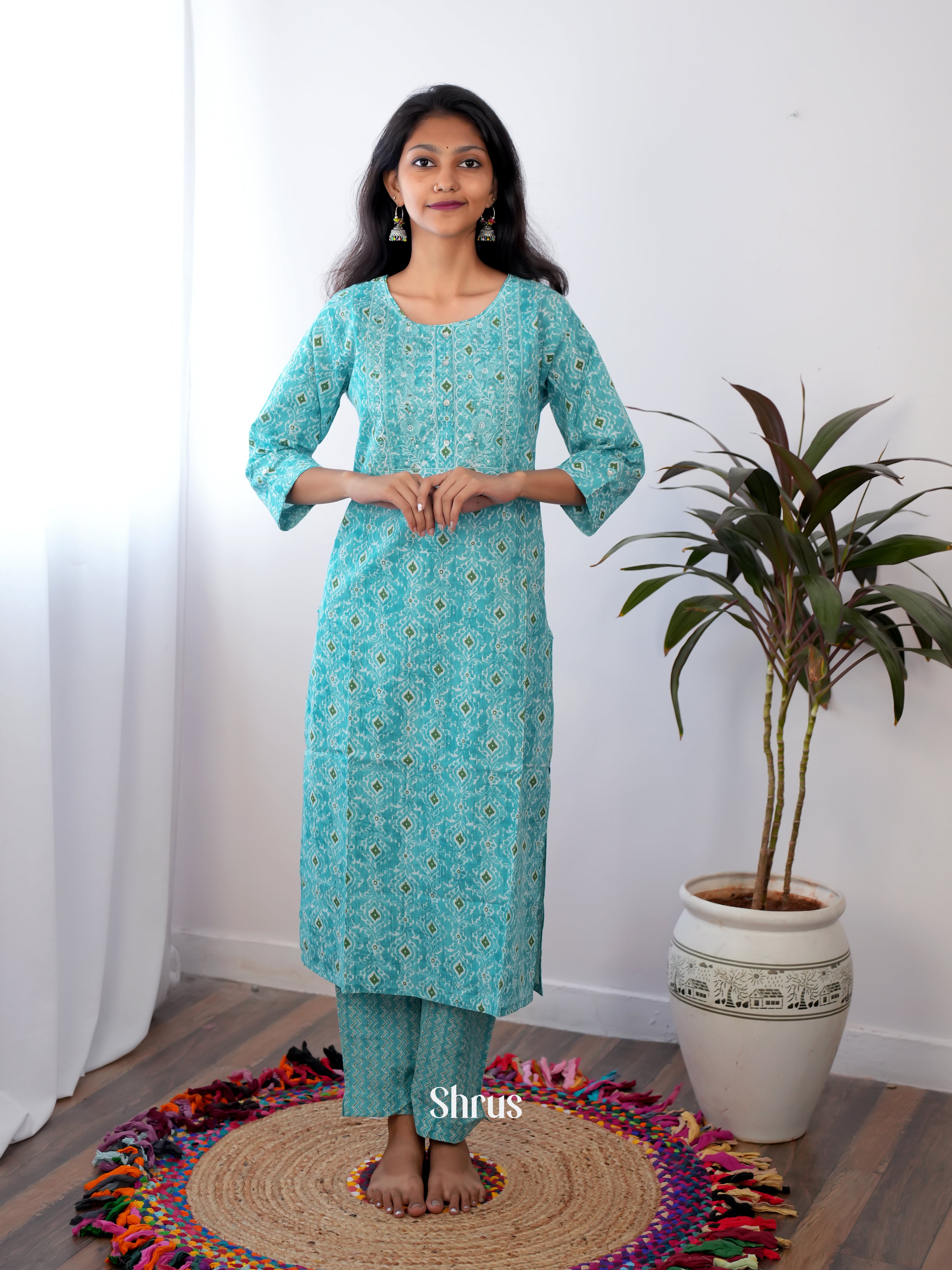 Blue -2pc  printed Casual  Readymade Suits