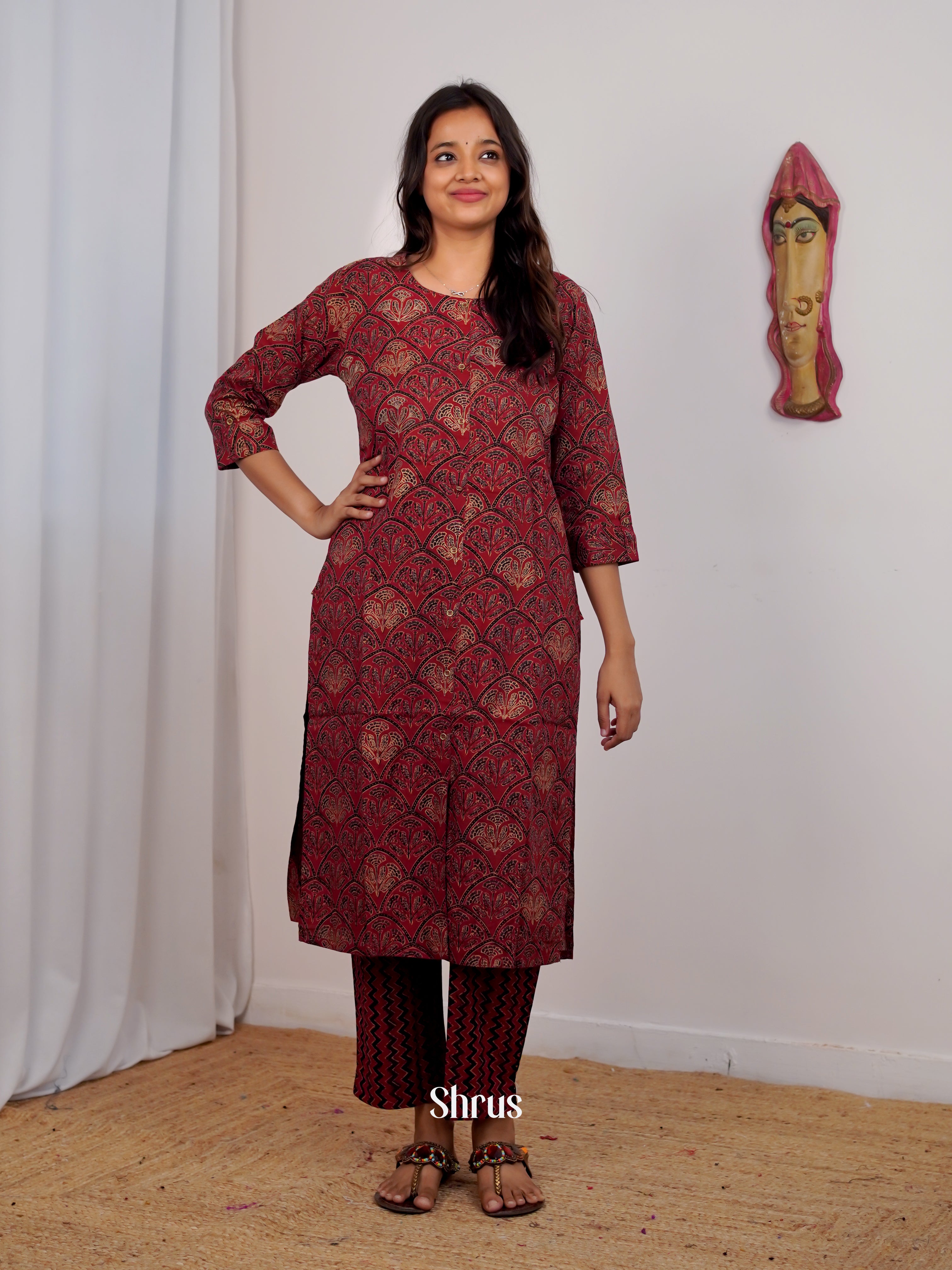 Red -2pc printed  Readymade Suits